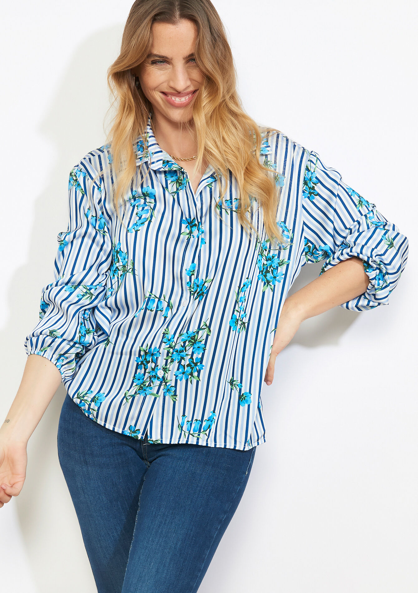 Gestreepte bloemenblouse - OPTICAL WHITE - 05703044_1019