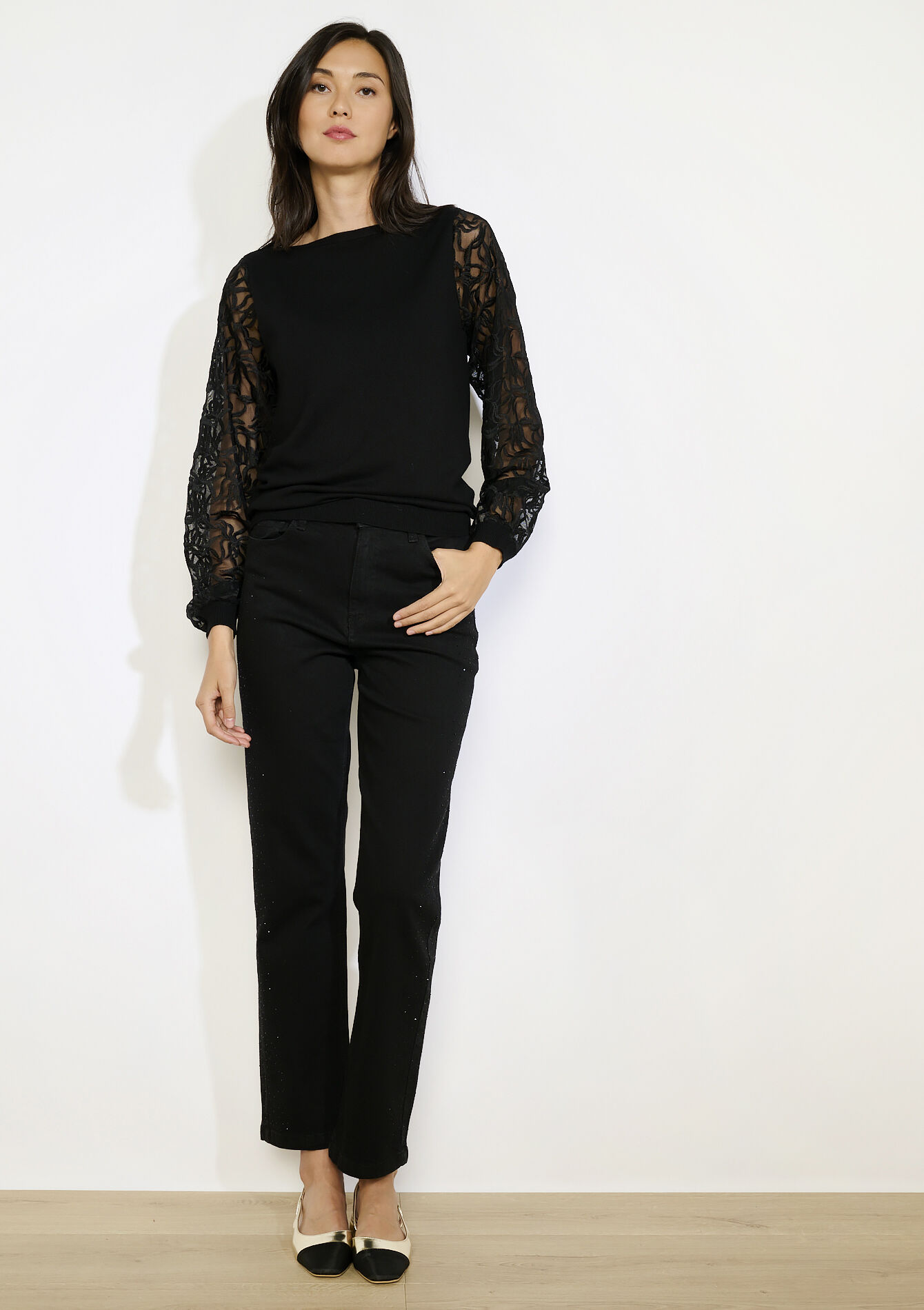 Sheer embroidered sleeve sweater, Sheer embroidered sleeve sweater - BLACK - 04006917_1119