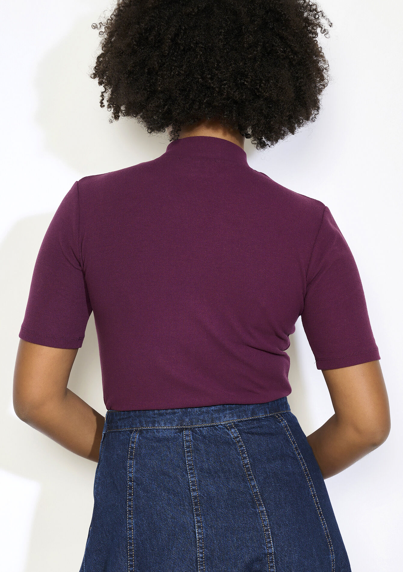 Geribbeld T-shirt met korte mouwen - AUBERGINE - 02301811_1537