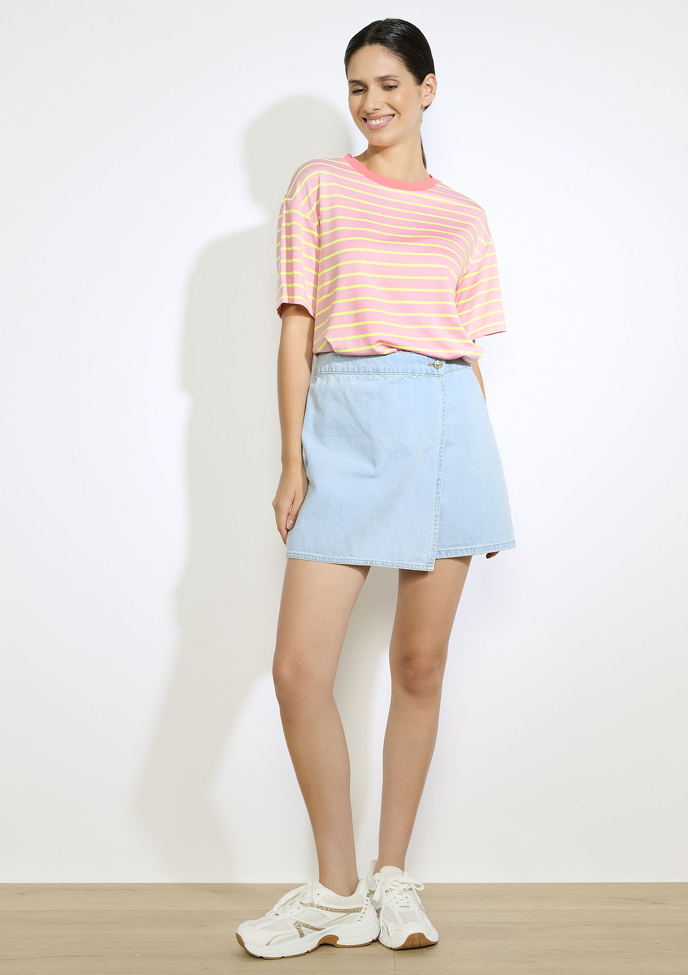 Gestreept losvallend T-shirt, Gestreept losvallend T-shirt - FLUO PINK - 02301868