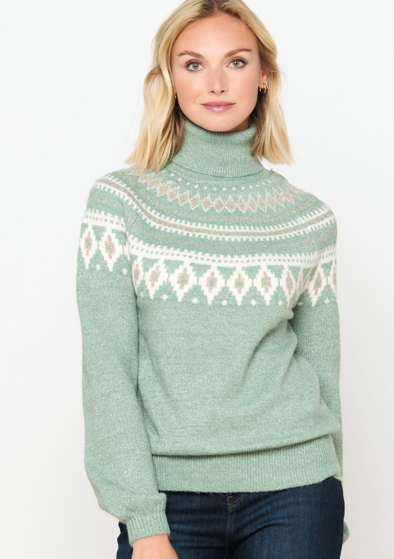 Jacquard pullover with roll neck - MINT GREEN - 04101053_1723