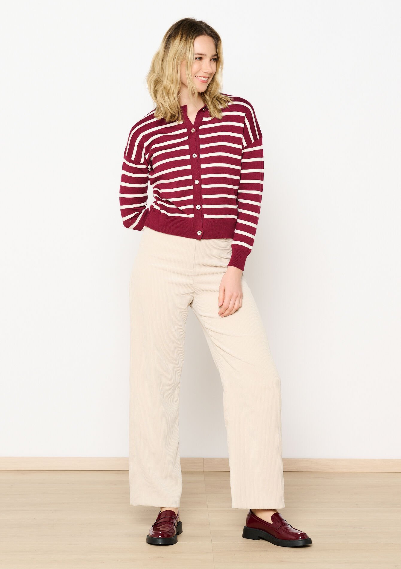 Striped cardigan with buttons - BORDEAU WINE - 04101239_1467