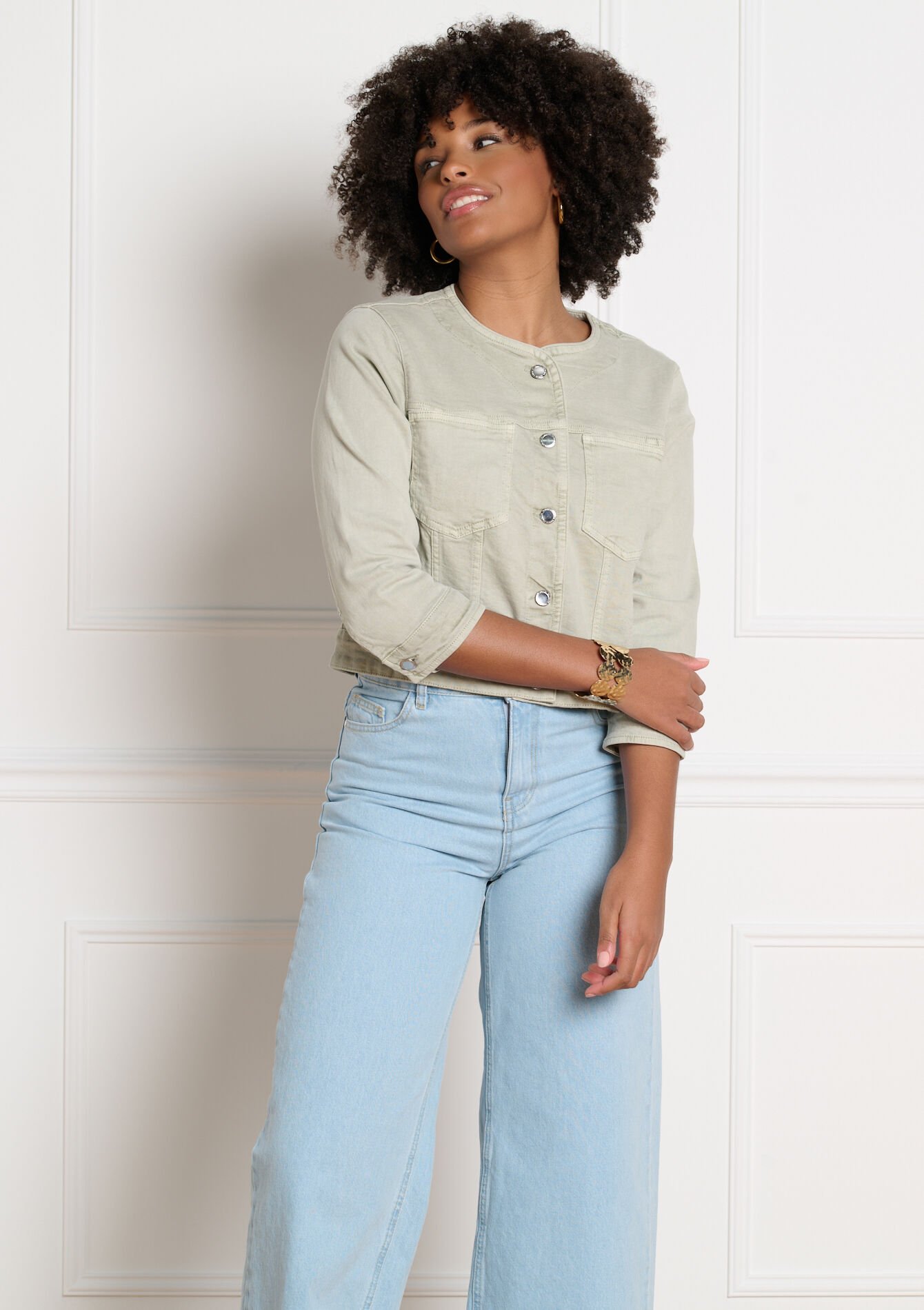 Cropped buttoned jacket - KHAKI MINT - 09101121_2542