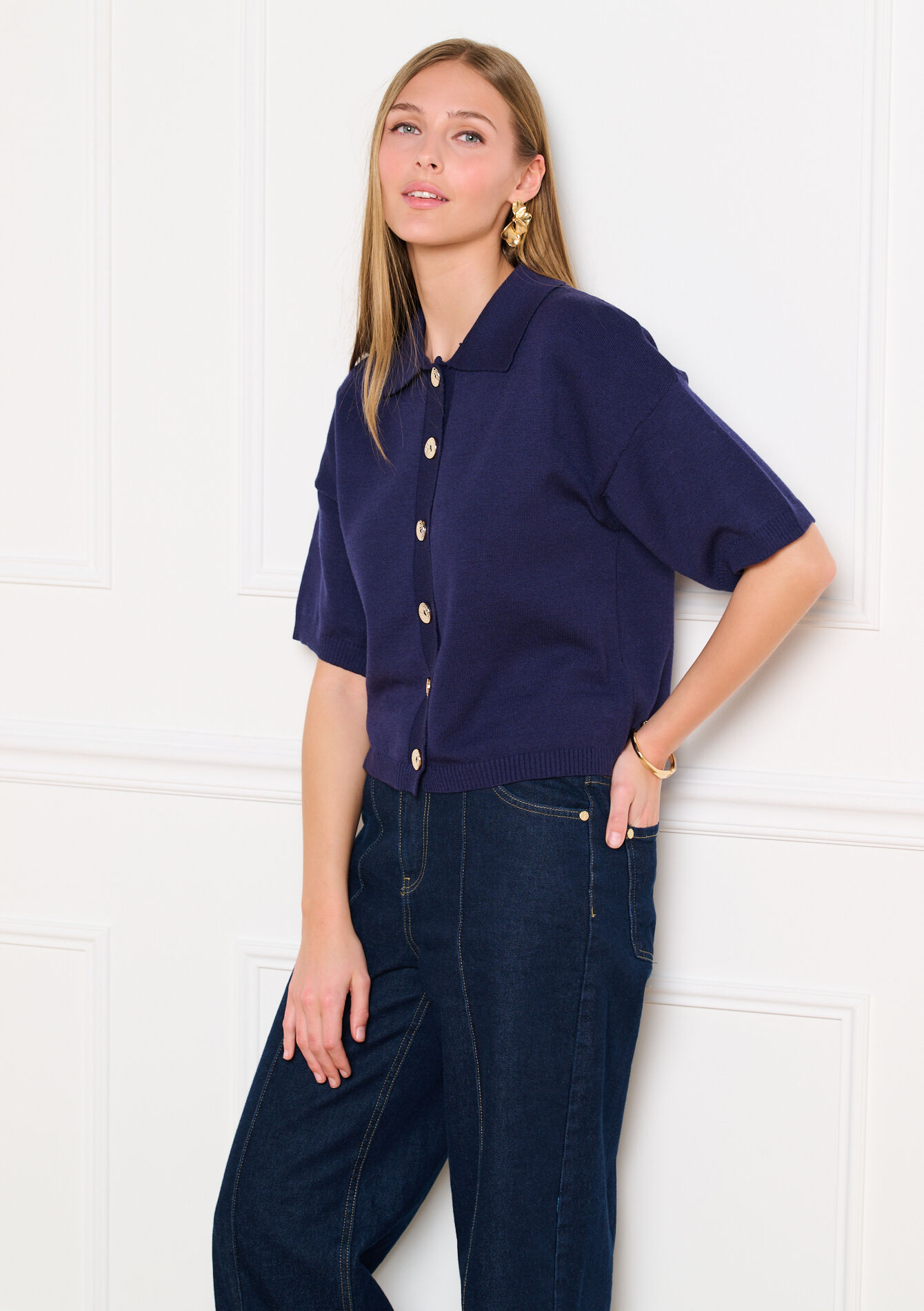 Kortemouw cardigan met polokraag - NAVY BASIC - 04101480_2723