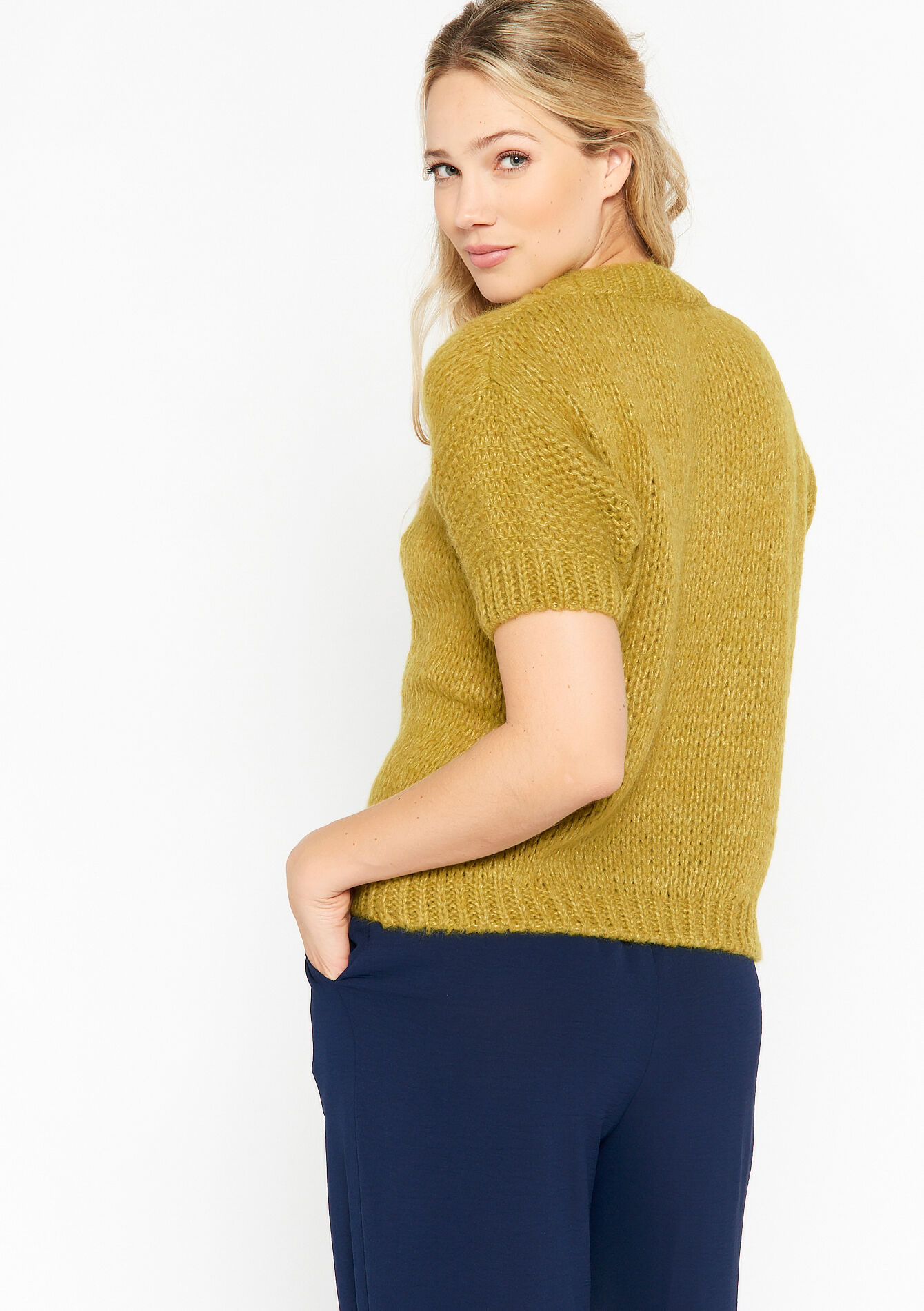 Pullover tricoté à manches courtes - GREEN MOSS - 04006120_4504