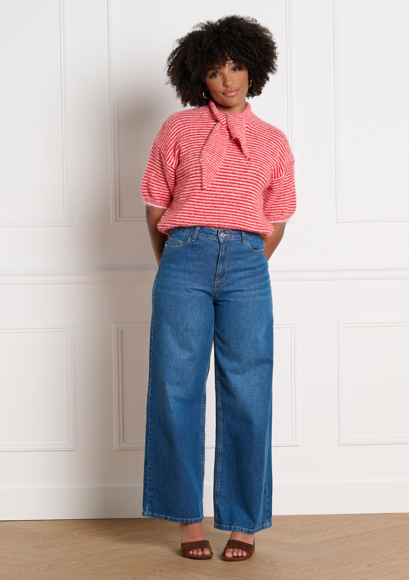 Gestreepte trui met korte mouwen - PINK BUBBLEGUM - 04007220_1477