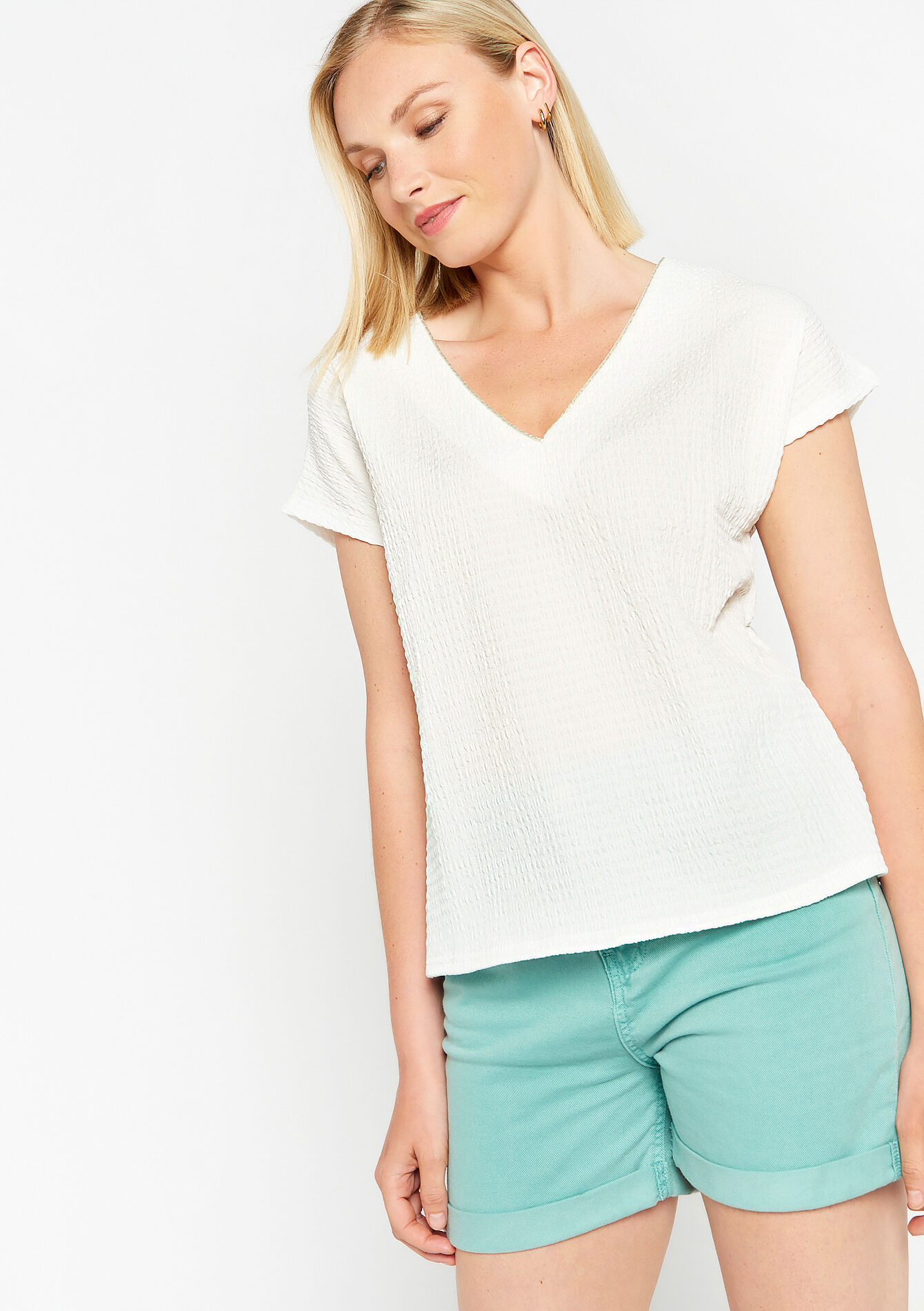 T-shirt met wafeltextuur - OFFWHITE - 02301445_1001