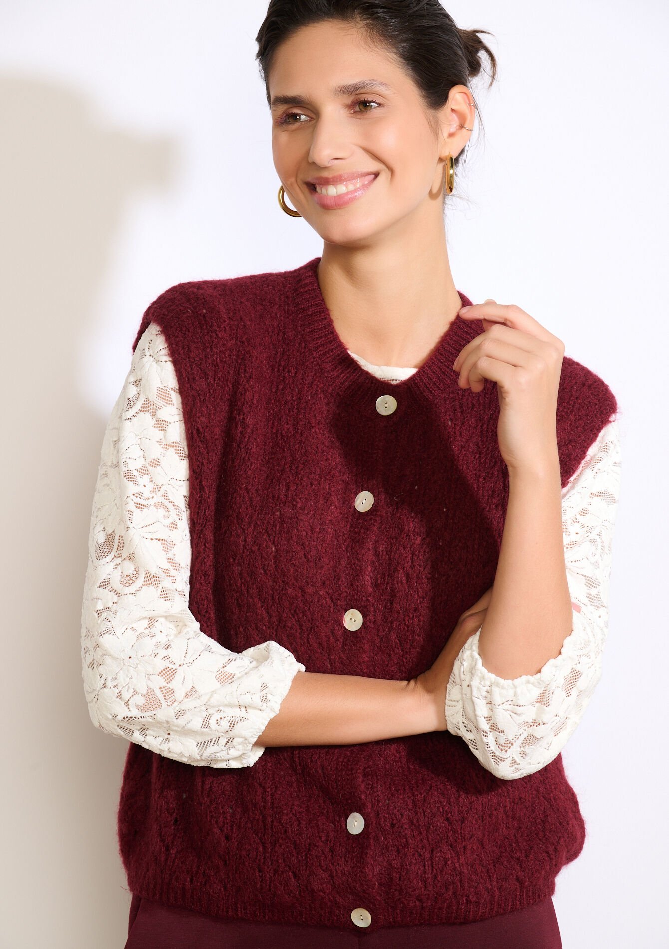 Mouwloze cardigan met structuur, Mouwloze cardigan met structuur - AUBERGINE - 04101397_1537