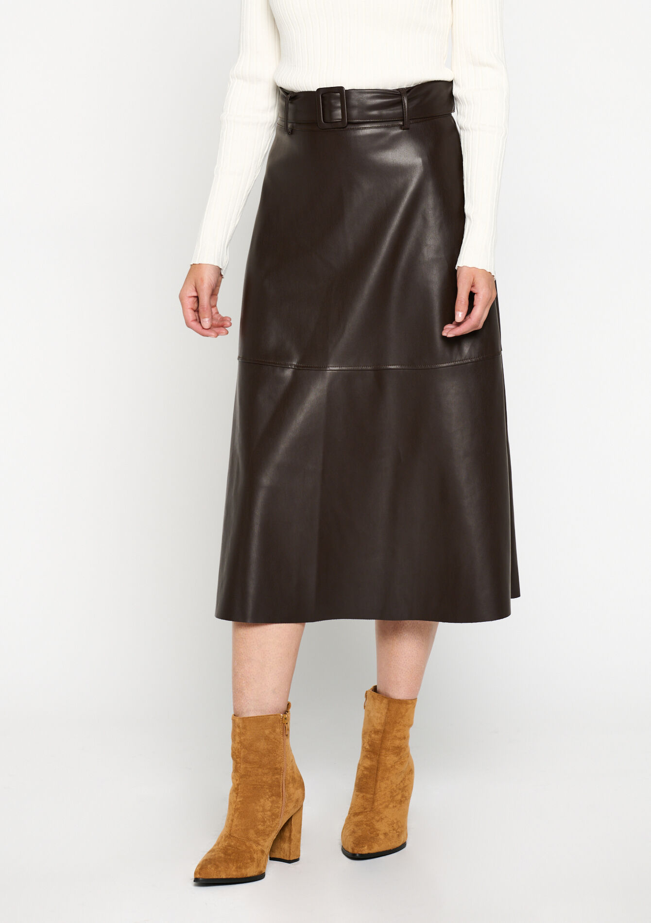 Midi skirt in faux leather, Midi skirt in faux leather - BROWN DARK CHOCOLATE - 07101164_3720