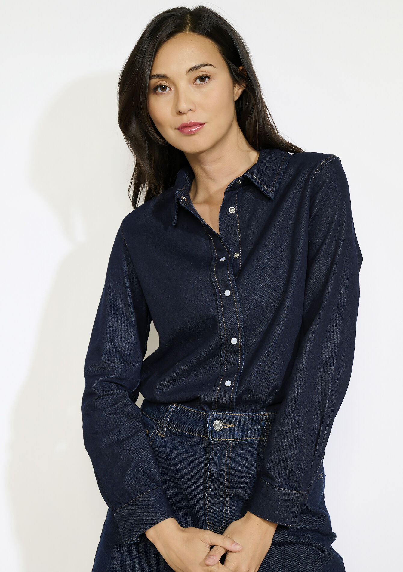 Denim blouse met knopen, Denim blouse met knopen - DARK BLUE - 05702907_0501