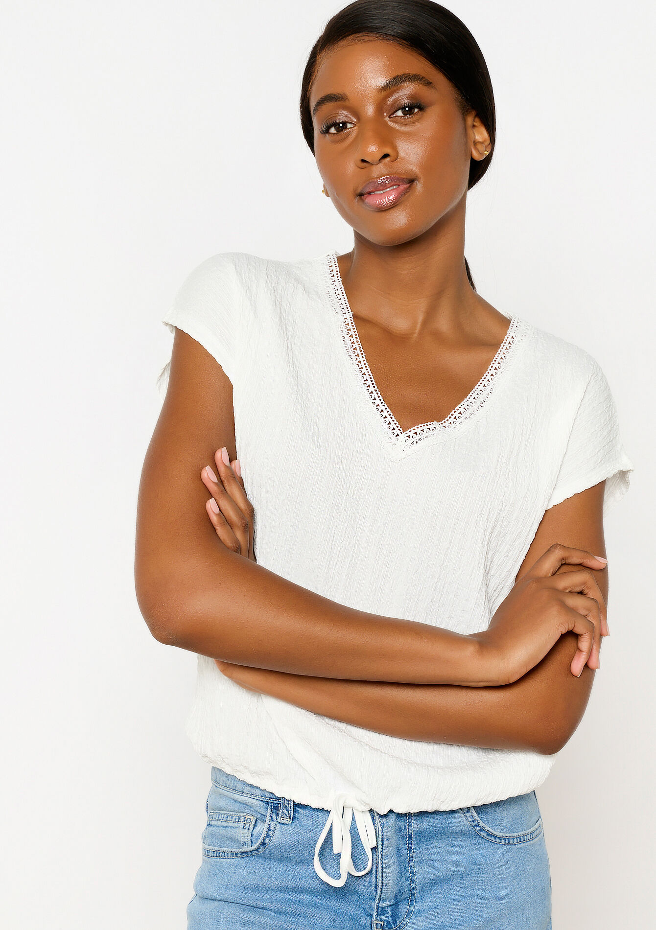 T-shirt in crêpe, T-shirt in crêpe - OPTICAL WHITE - 02301612_1019