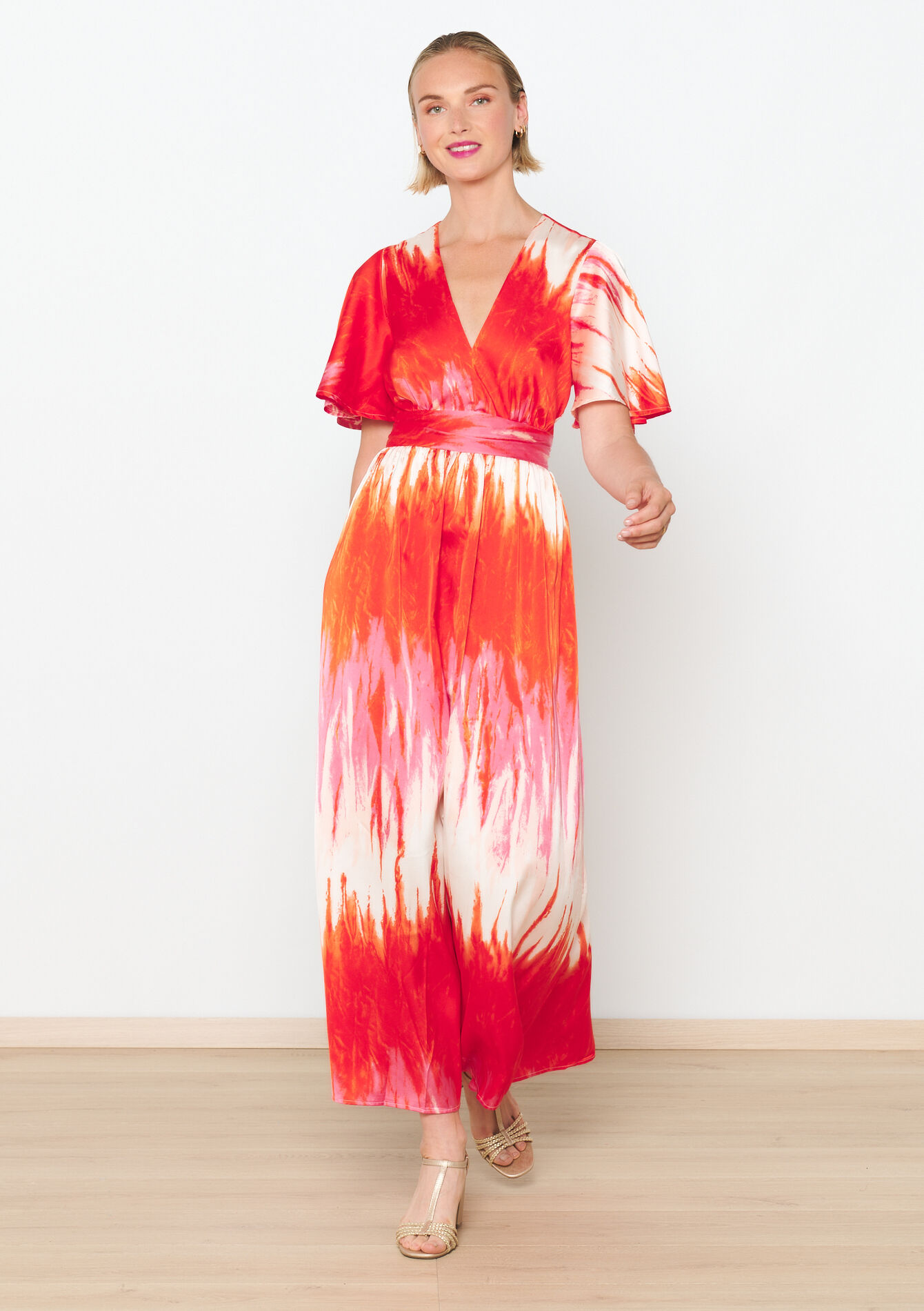 Robe longue en crêpe satiné, Robe longue en crêpe satiné - RED ORANGE - 08103723