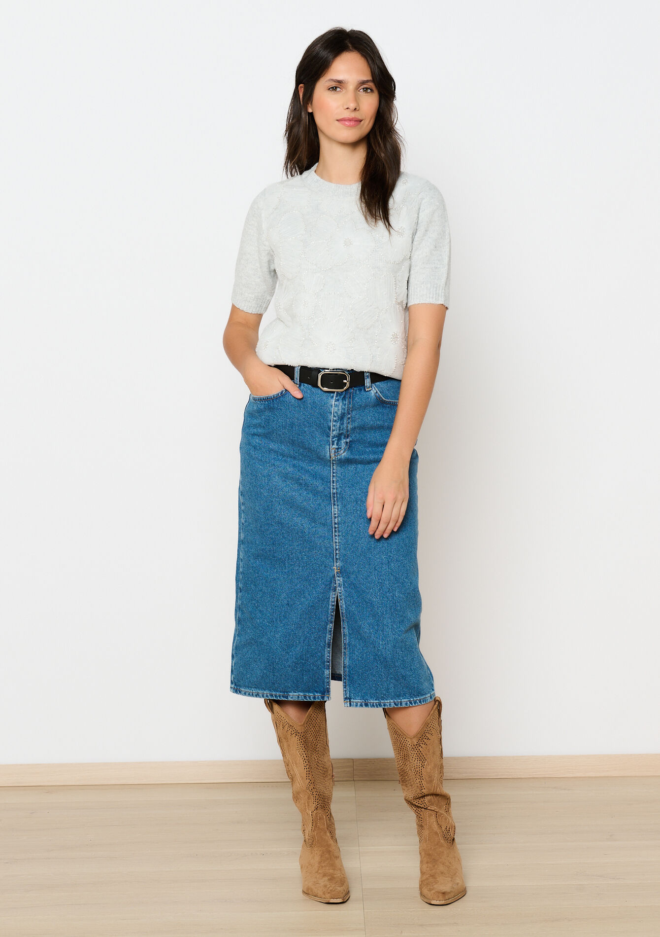 Pullover with voile flowers - LT GREY MEL - 04006625_1081