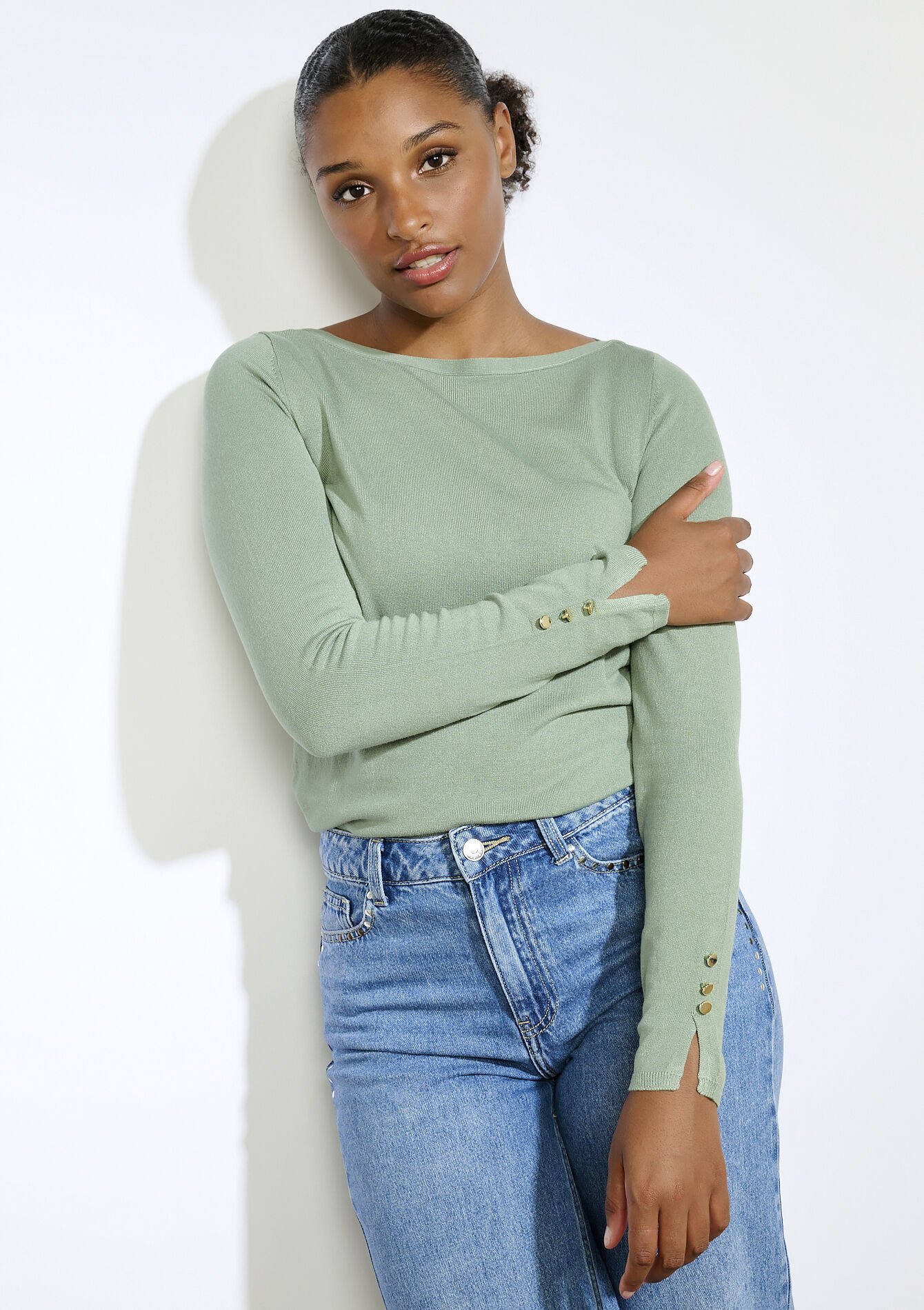 Trui met gouden knopen - KHAKI MINT - 04006871_2542