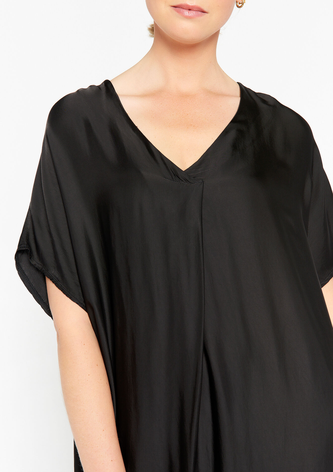 Robe en satin à col V, Robe en satin à col V - BLACK - 08103310_1119