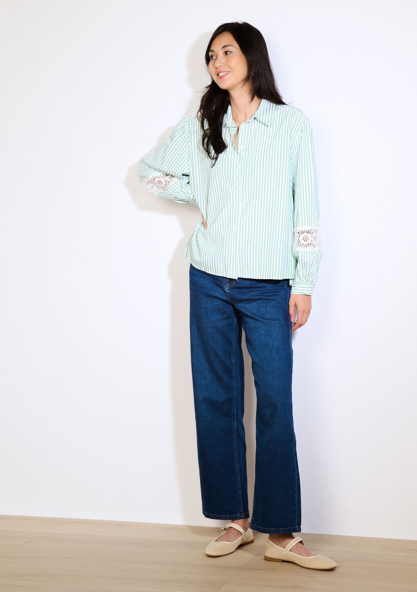 Gestreept overhemd met kantdetails, Gestreept overhemd met kantdetails - KHAKI FADED - 05702867_4326