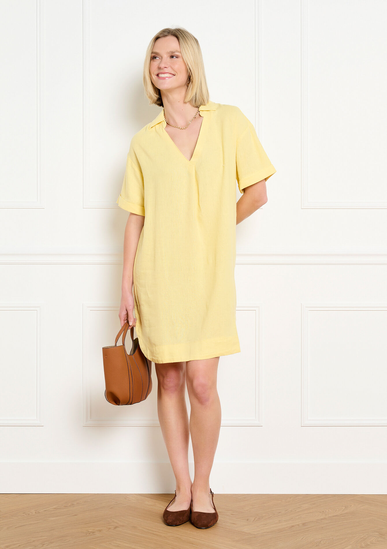 Robe polo en lin - YELLOW PASTEL - 08104333_5004