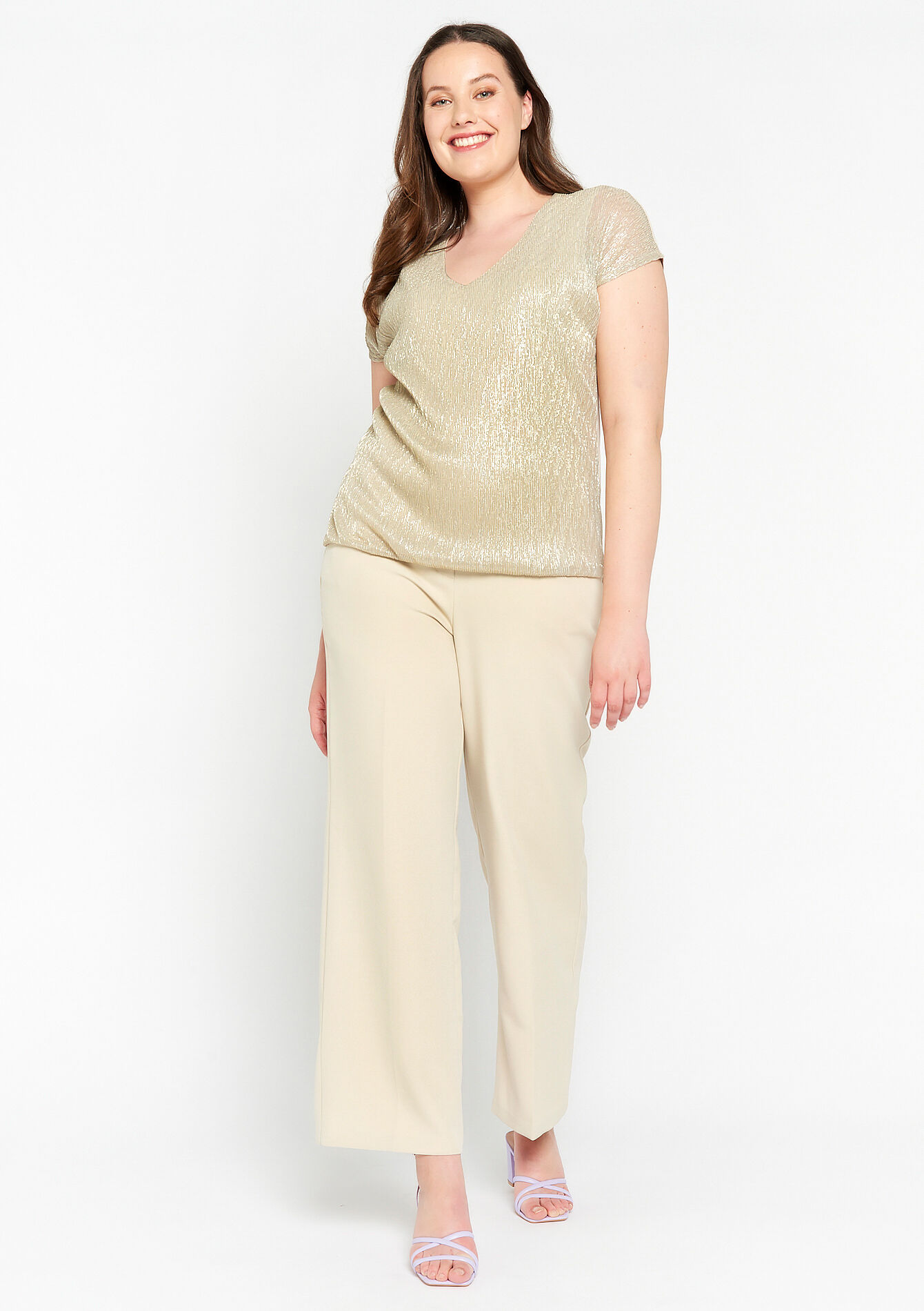 Lurex T-shirt met V-hals, Lurex T-shirt met V-hals - LT BEIGE - 02301407_2527