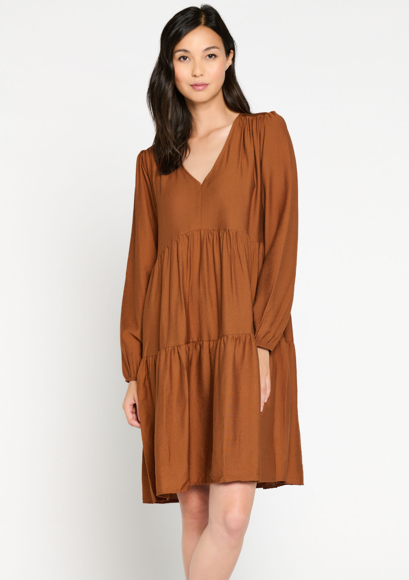 Satin babydoll dress, Satin babydoll dress - CAMEL BROWN - 08103382_3818