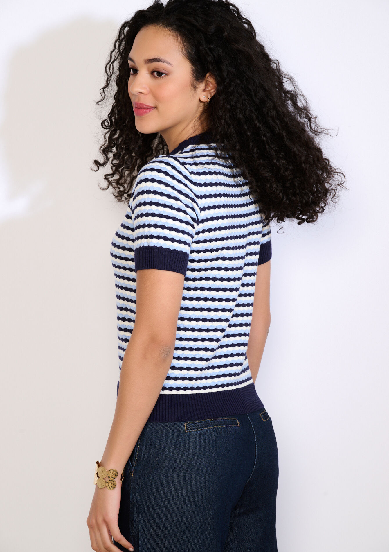 Pull texturé manches courtes - NAVY BASIC - 04007214_2723