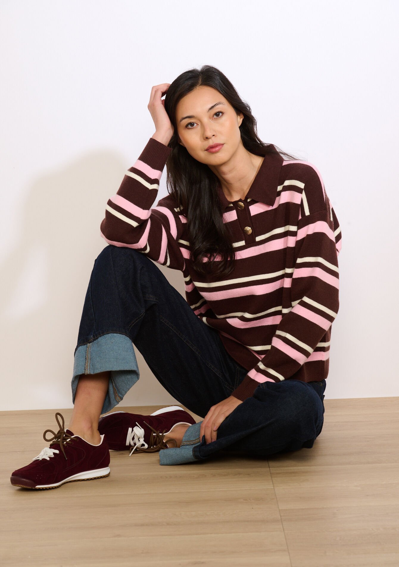 Soft striped polo knit, Soft striped polo knit - BROWN DARK CHOCOLATE - 04007125