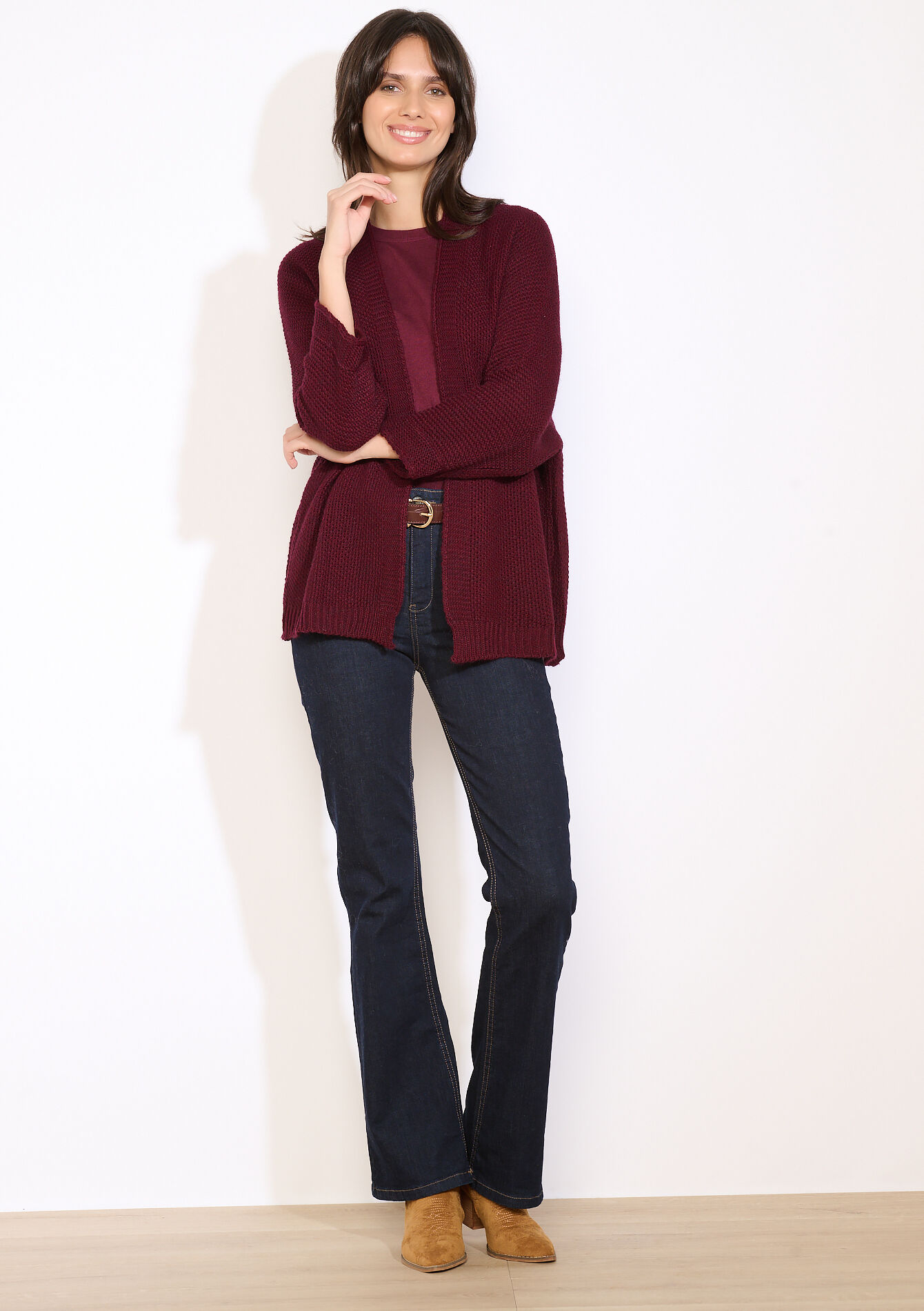 Open knit cardigan, Open knit cardigan - BORDEAU WINE - 04101369_1467
