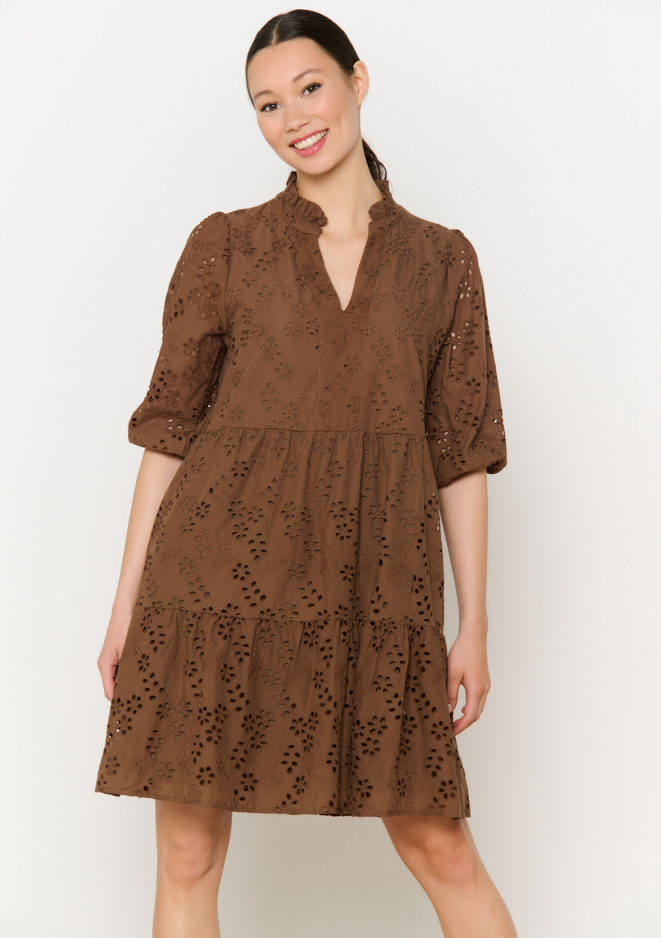 Geborduurde korte jurk, Geborduurde korte jurk - BROWN DARK CHOCOLATE - 08104069_3720