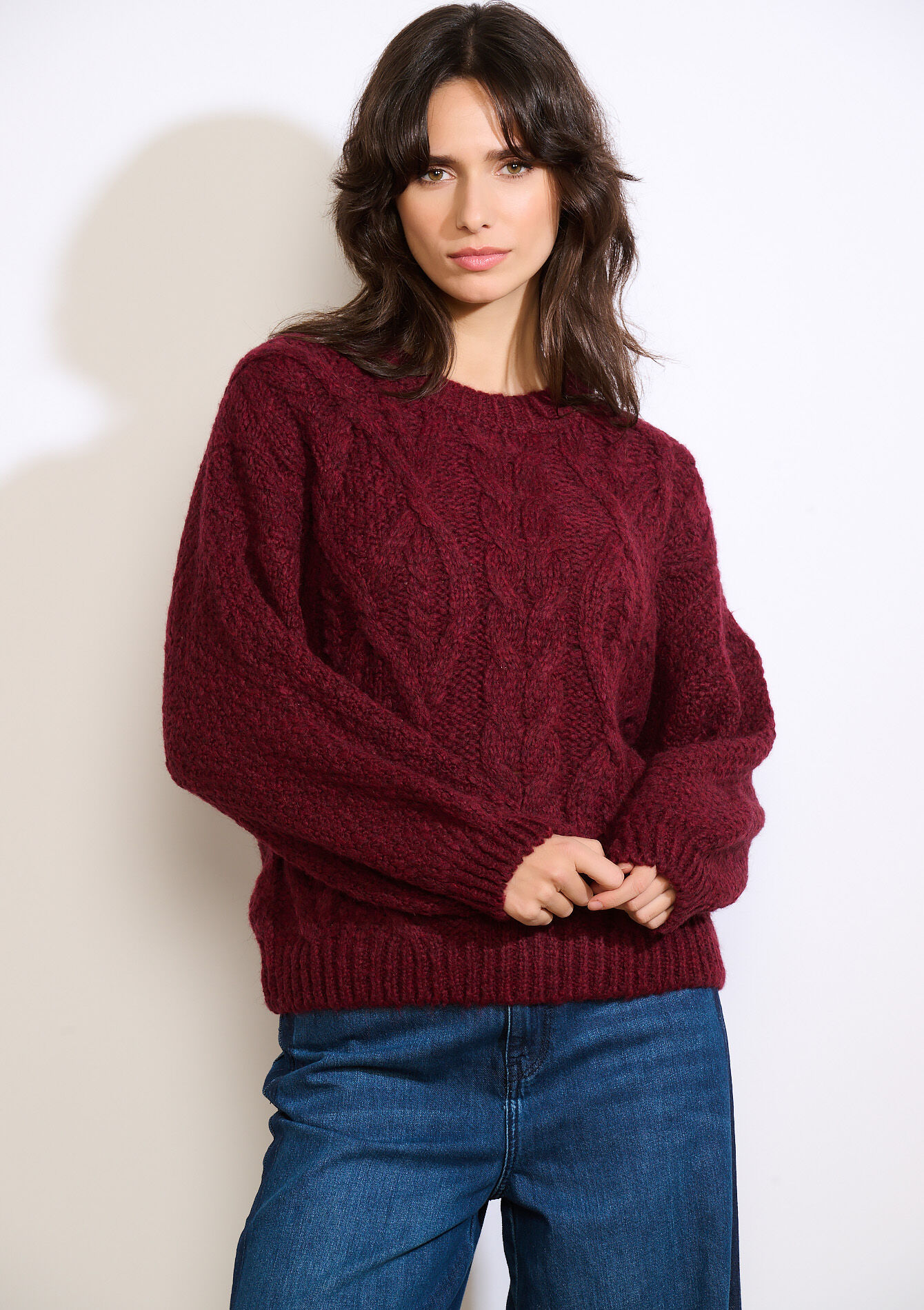 Dikke kabeltrui met col, Dikke kabeltrui met col - AUBERGINE - 04007127_1537