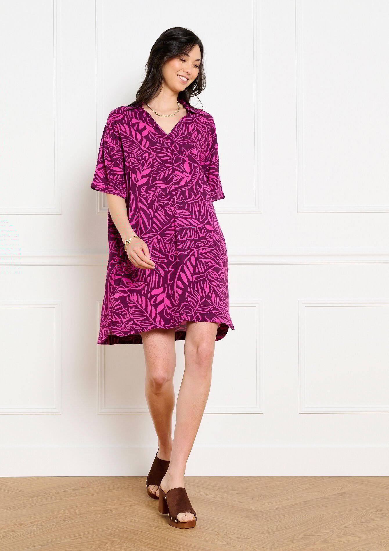 Printed relaxed short dress - AUBERGINE - 08104360_1537