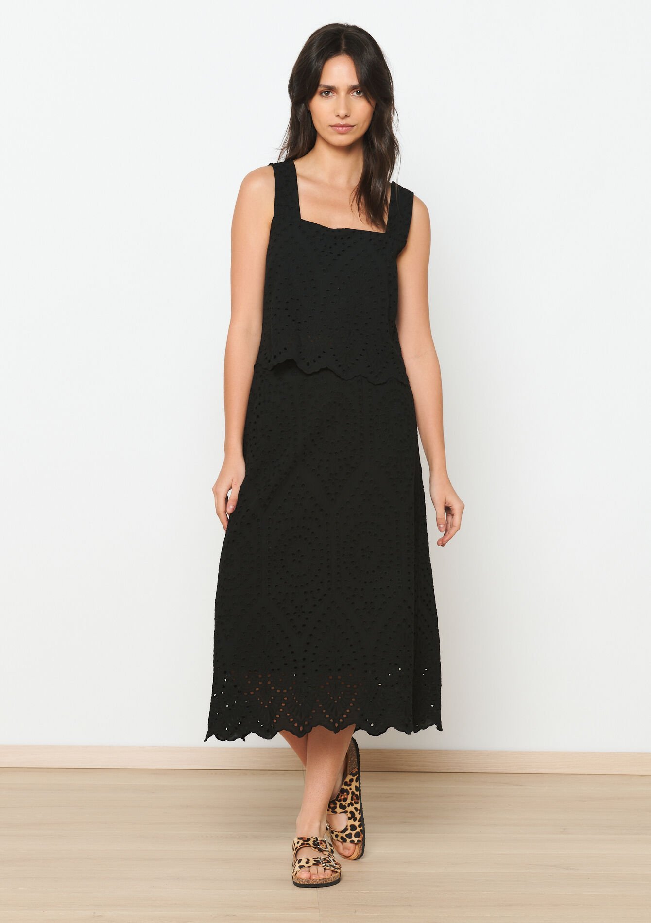 Jupe mi-longue en broderie anglaise, Jupe mi-longue en broderie anglaise - BLACK - 07101239_1119