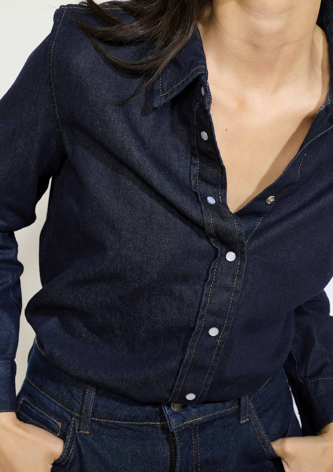 Denim blouse met knopen, Denim blouse met knopen - DARK BLUE - 05702907_0501