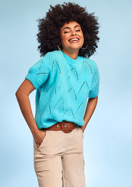 Open-knit pullover with short sleeves - TURQUOISE - 04006109_1759