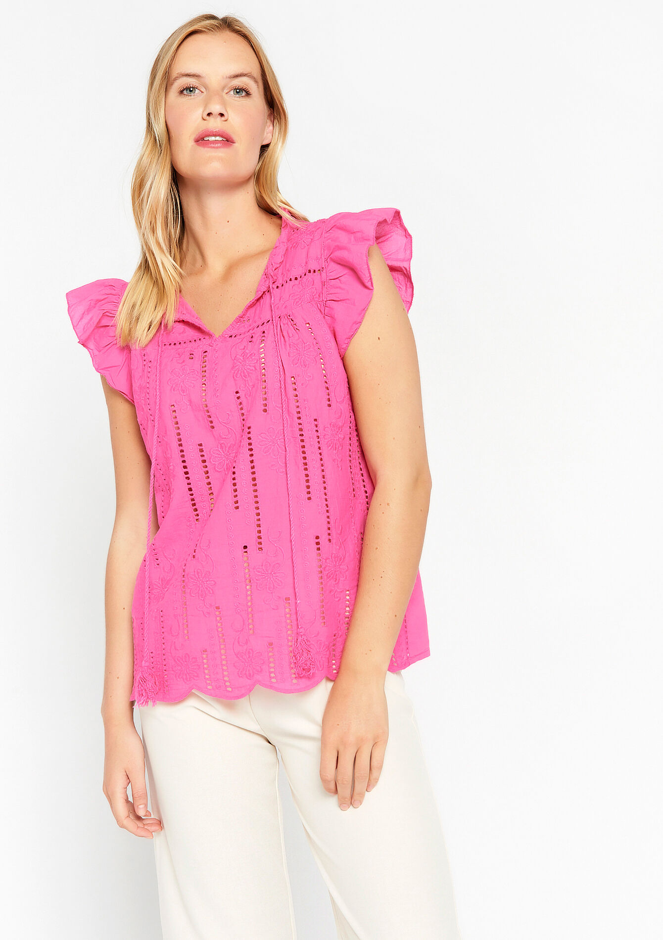 Blouse with broderie anglaise, Blouse with broderie anglaise - FUCHSIA - 05702232_5626