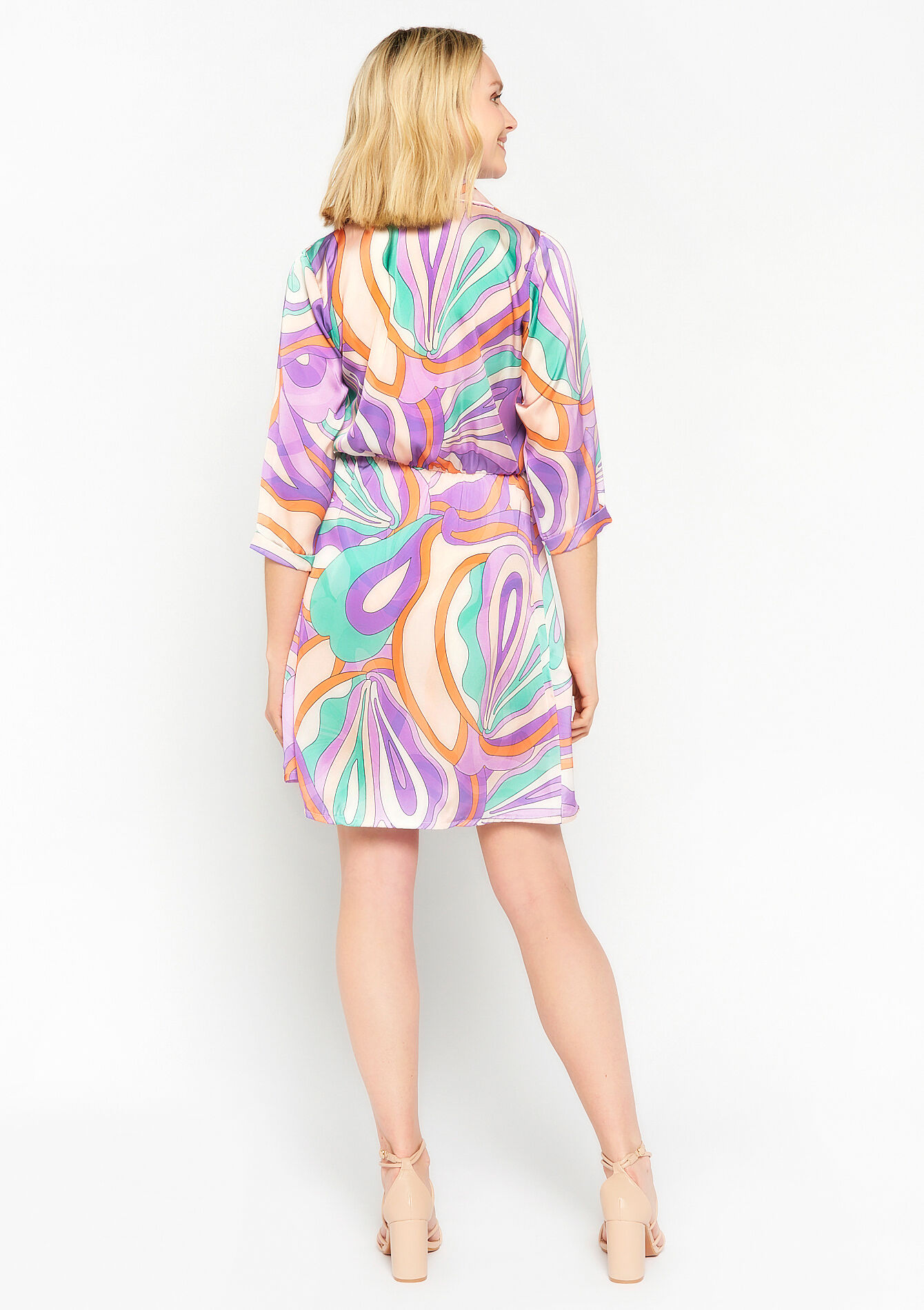 Satin wrap dress with retro print, Satin wrap dress with retro print - PASTEL LILAC - 08103243_1493