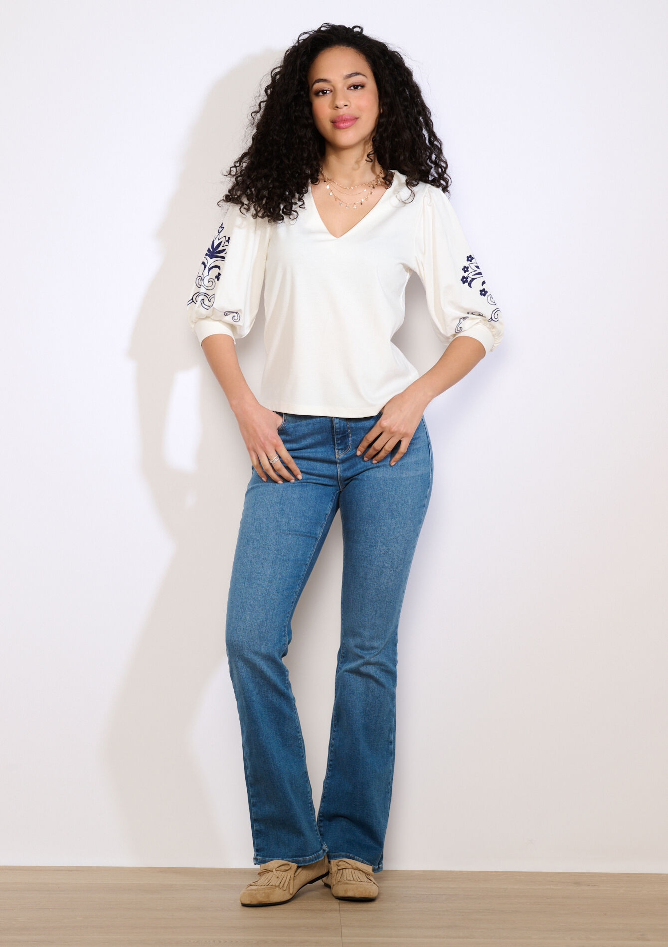 Geborduurd top met ballonmouwen - OFFWHITE - 02301999_1001