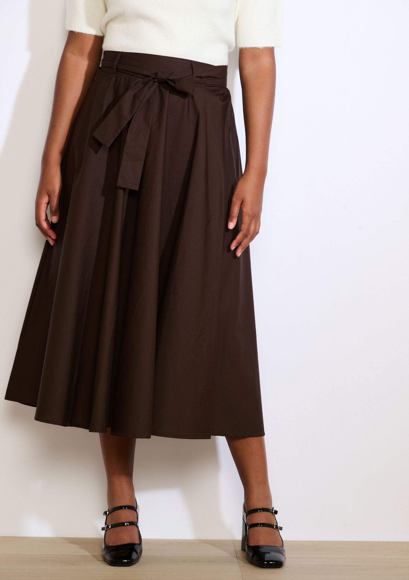 Jupe midi fluide ceinturée, Jupe midi fluide ceinturée - BROWN DARK CHOCOLATE - 07101398_3720
