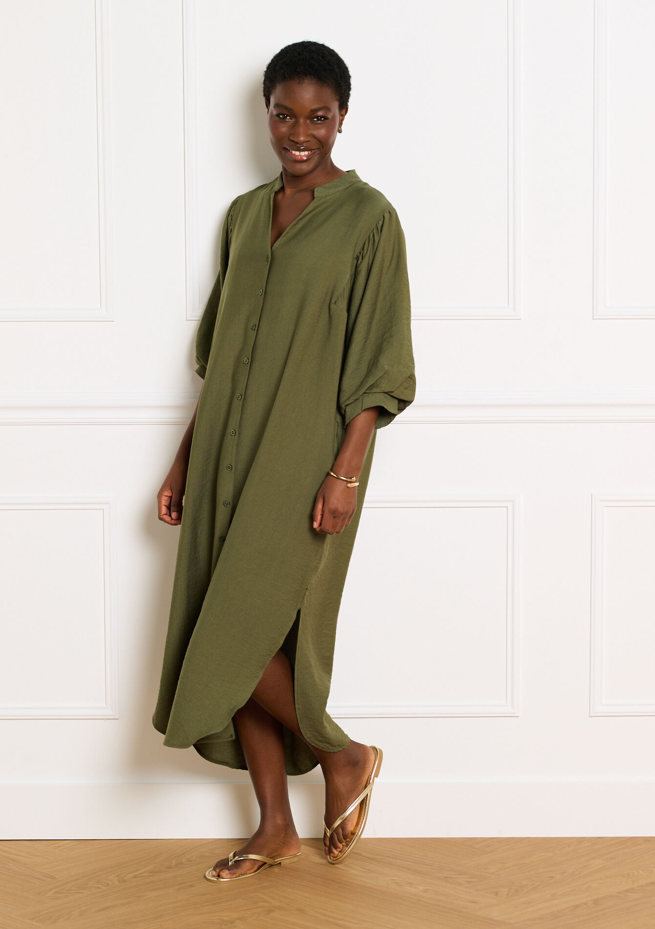 Vloeiende midi overhemdjurk, Vloeiende midi overhemdjurk - KHAKI MED - 08104495_4327