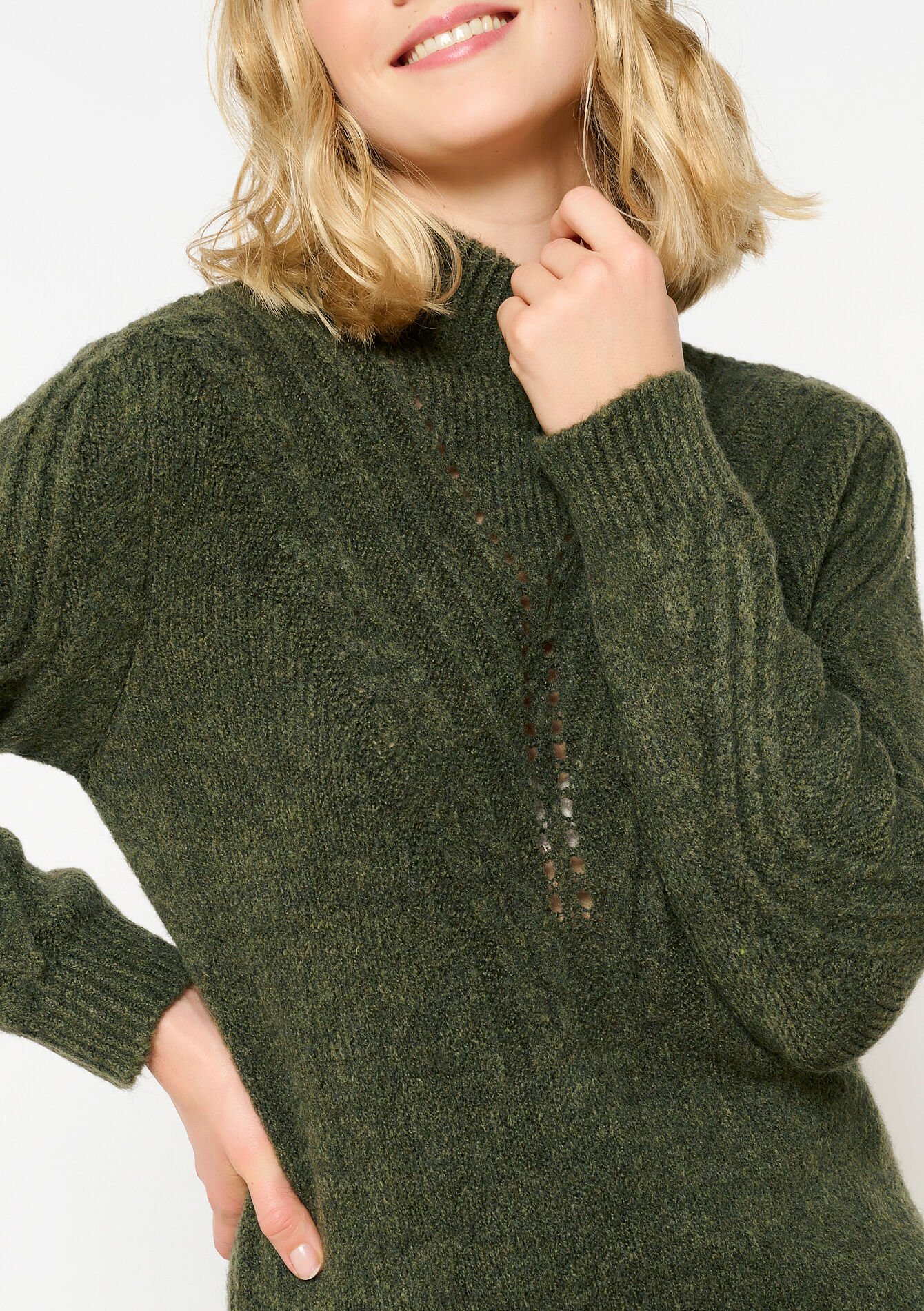 Kabelgebreide trui-jurk met kraag, Kabelgebreide trui-jurk met kraag - KHAKI MED - 08103487_4327