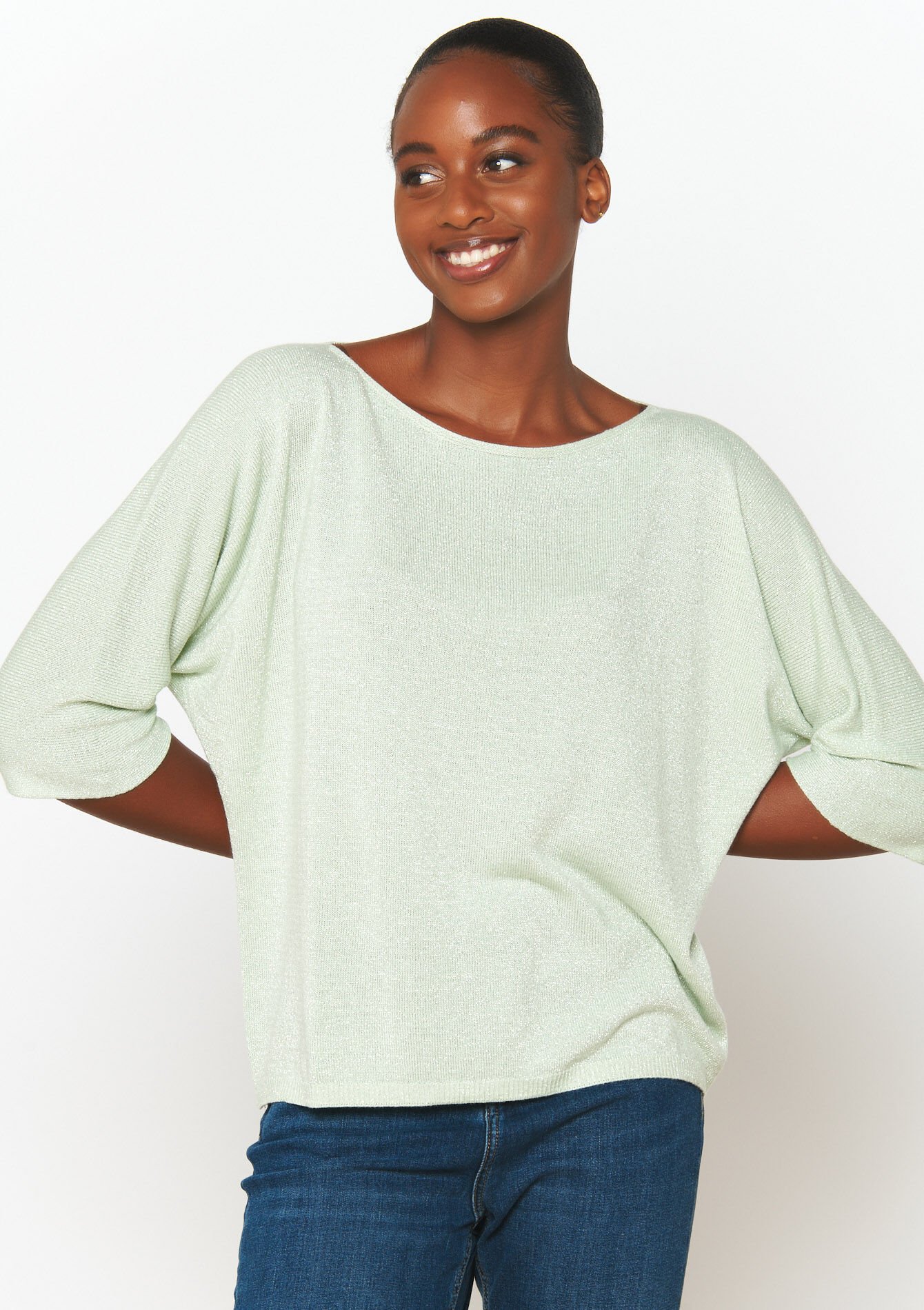 Fijne trui met lurex - ALMOND GREEN - 04006637_1724