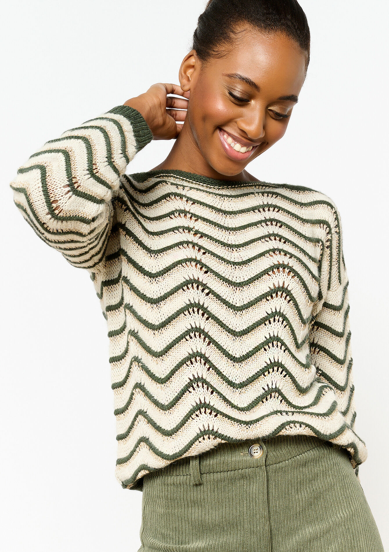 Pullover with wavy colourblock, Pullover with wavy colourblock - KHAKI MED - 04006343_4327