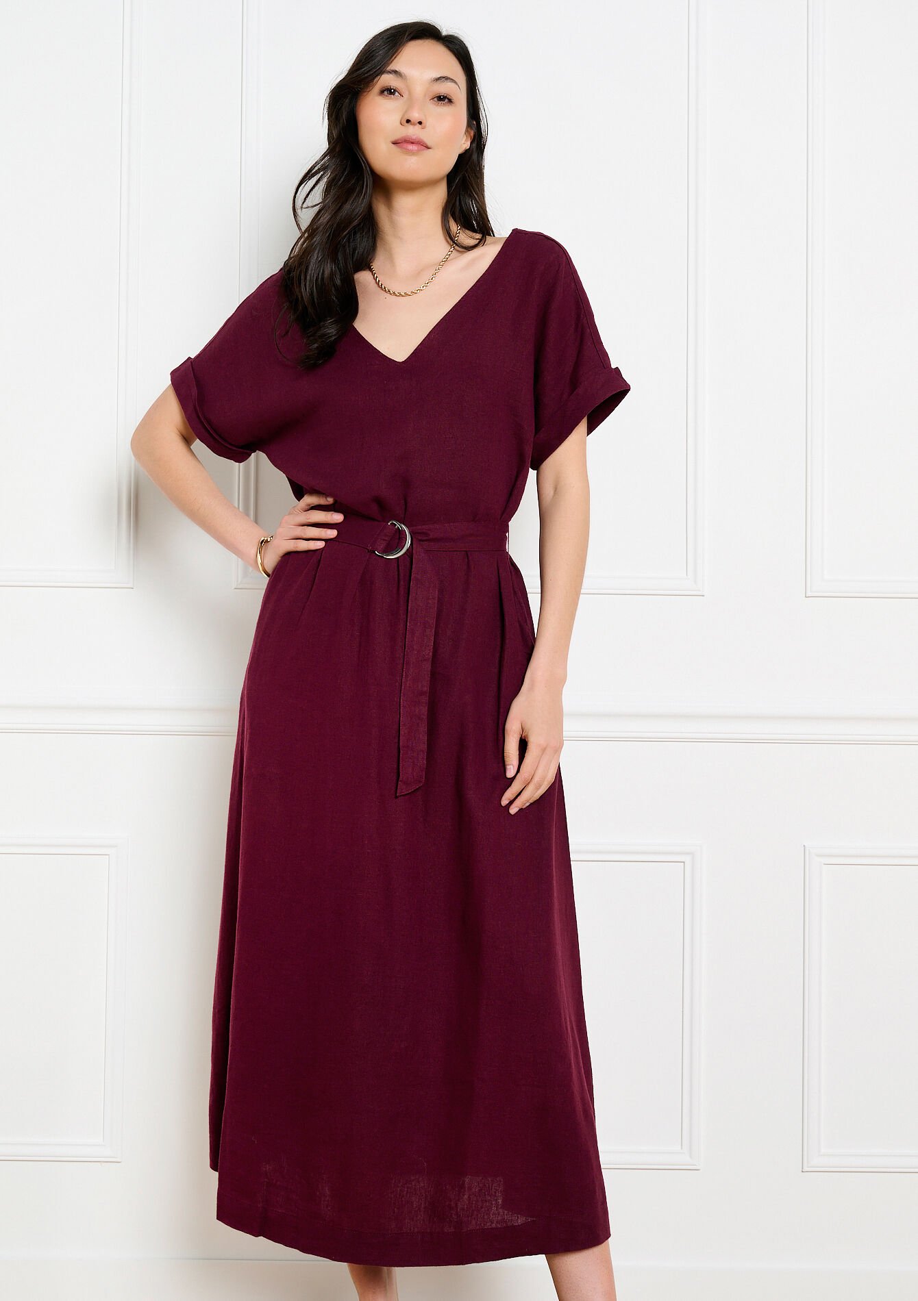 Robe midi ceinturée fluide, , hi-res