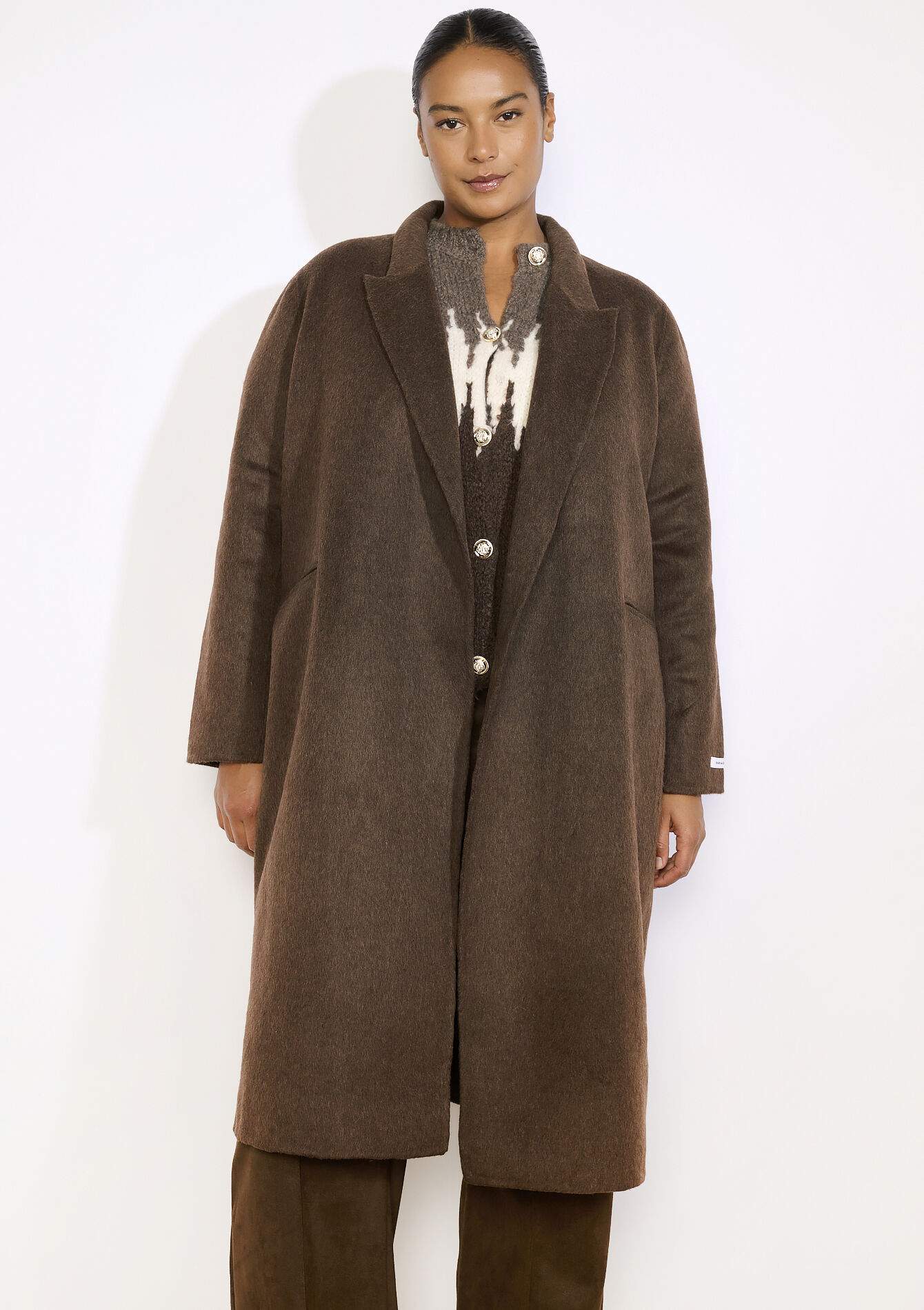 Long collarless coat, Long collarless coat - BROWN DARK CHOCOLATE - 23000774_3720