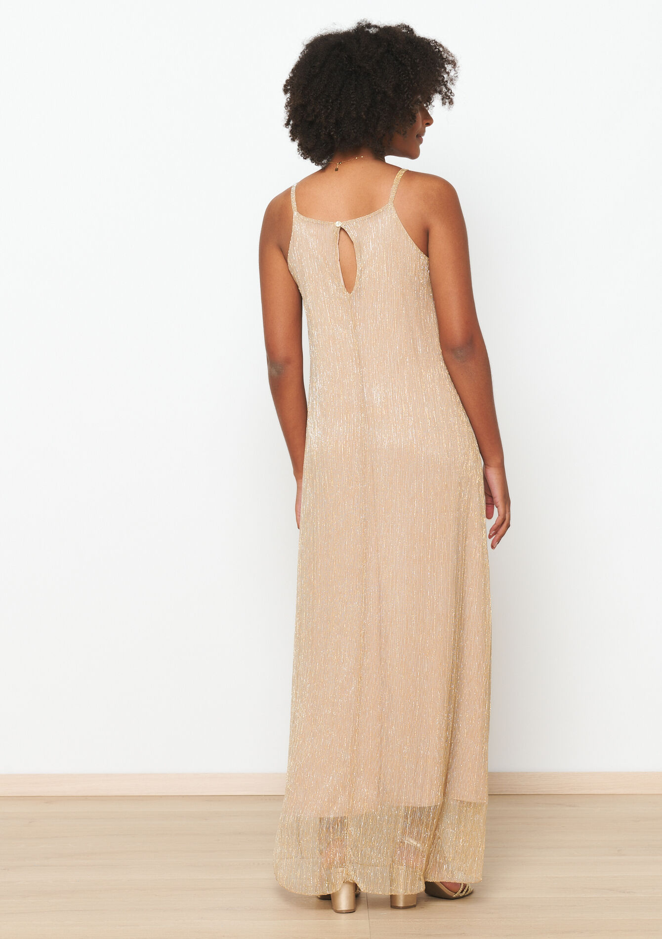 Lurex maxi dress with spaghetti straps, Lurex maxi dress with spaghetti straps - GOLD - 08103674_1058
