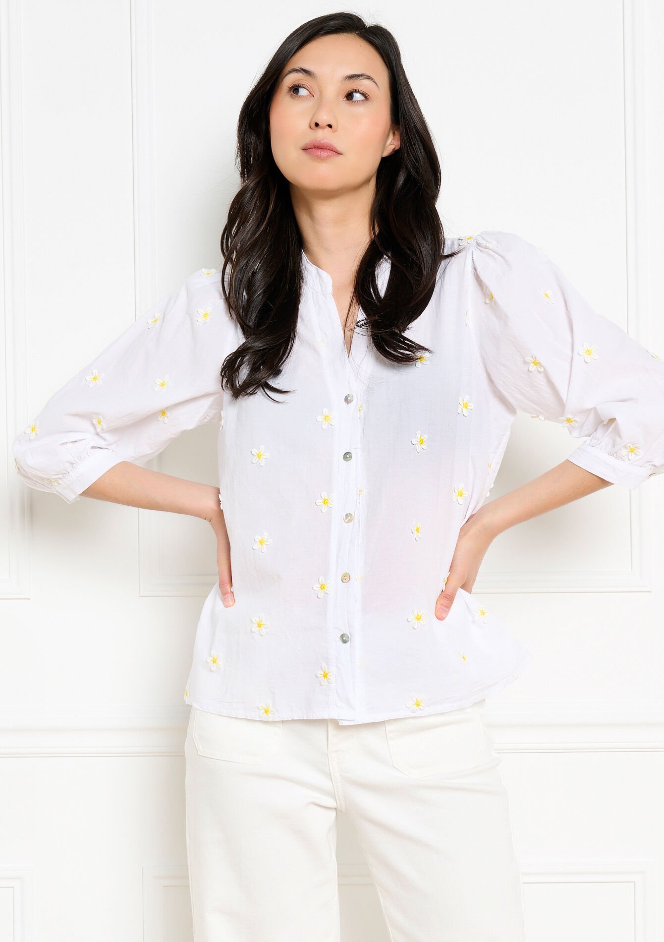 Blouse brodée à manches ballon - OPTICAL WHITE - 05703075_1019