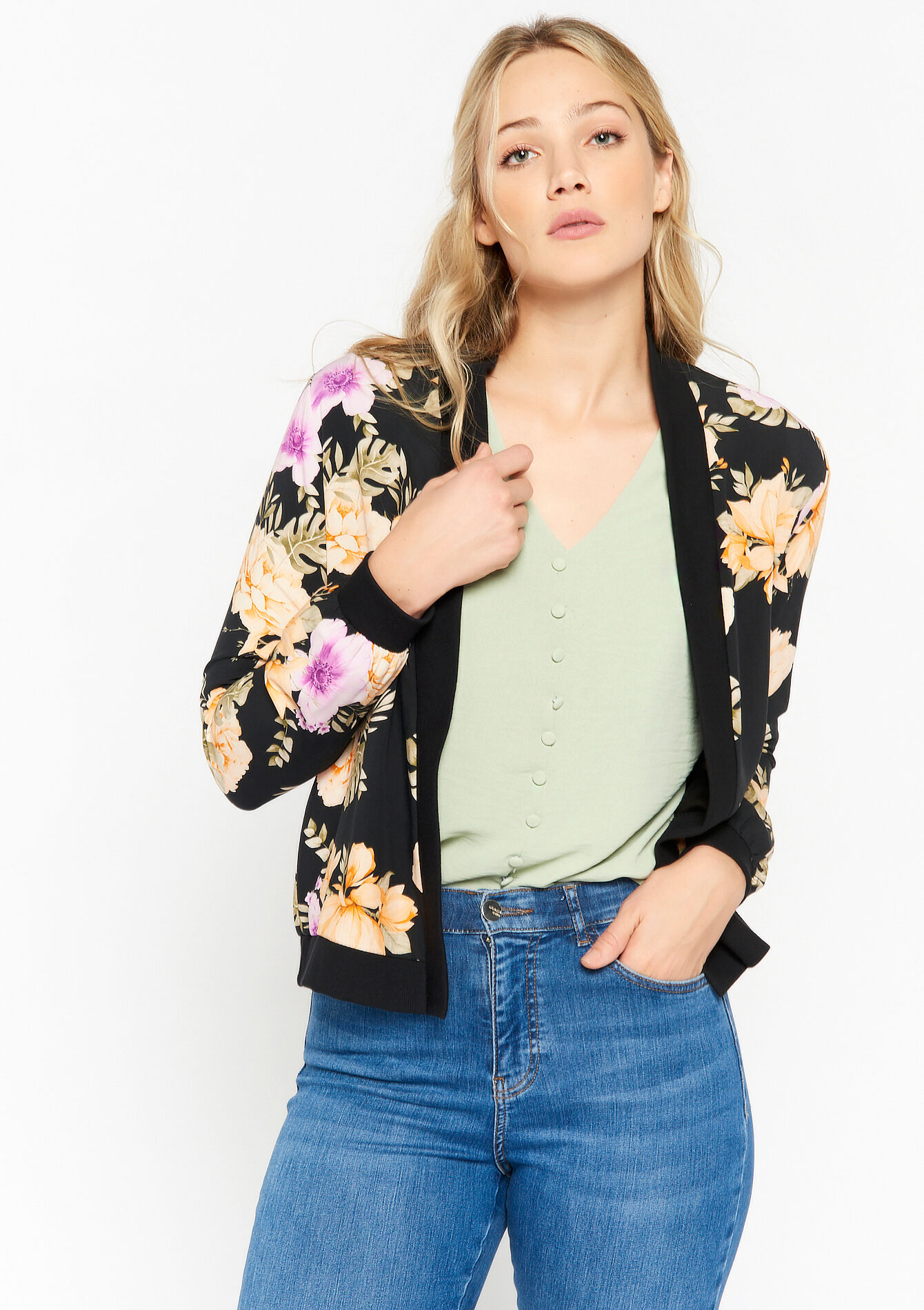 Veste fluide à imprimé fleuri, Veste fluide à imprimé fleuri - BLACK - 09100737_1119
