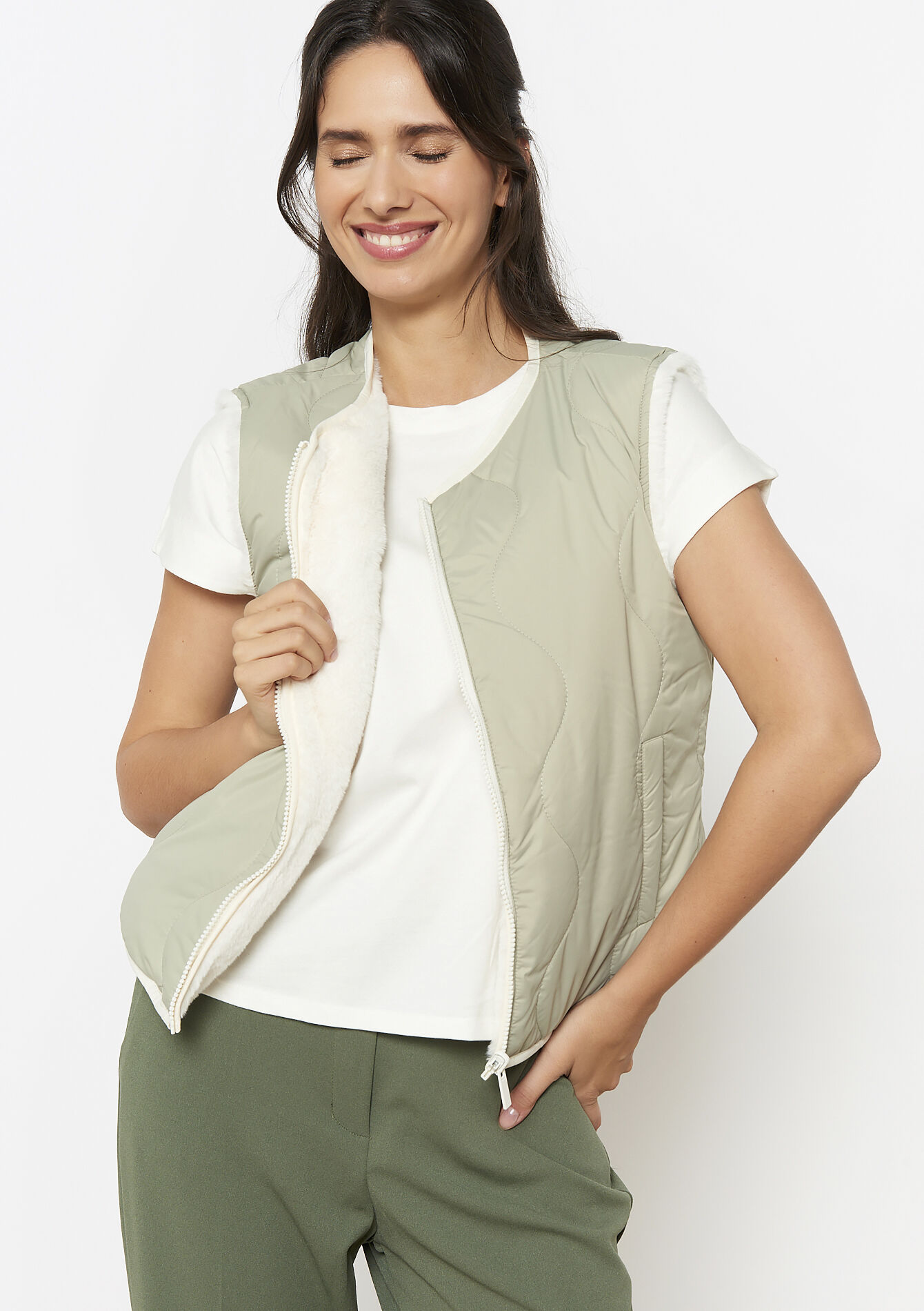 Omkeerbare mouwloze vest, Omkeerbare mouwloze vest - OFF WHITE/ GREEN - 15100313_2505