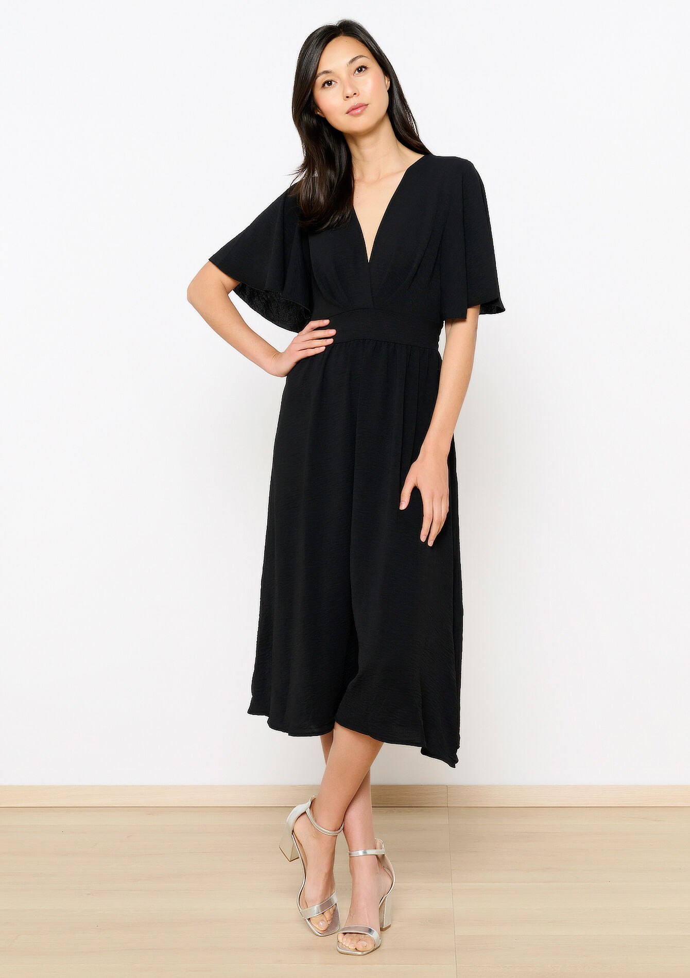 Midi-jurk met V-hals, Midi-jurk met V-hals - BLACK - 08103794_1119