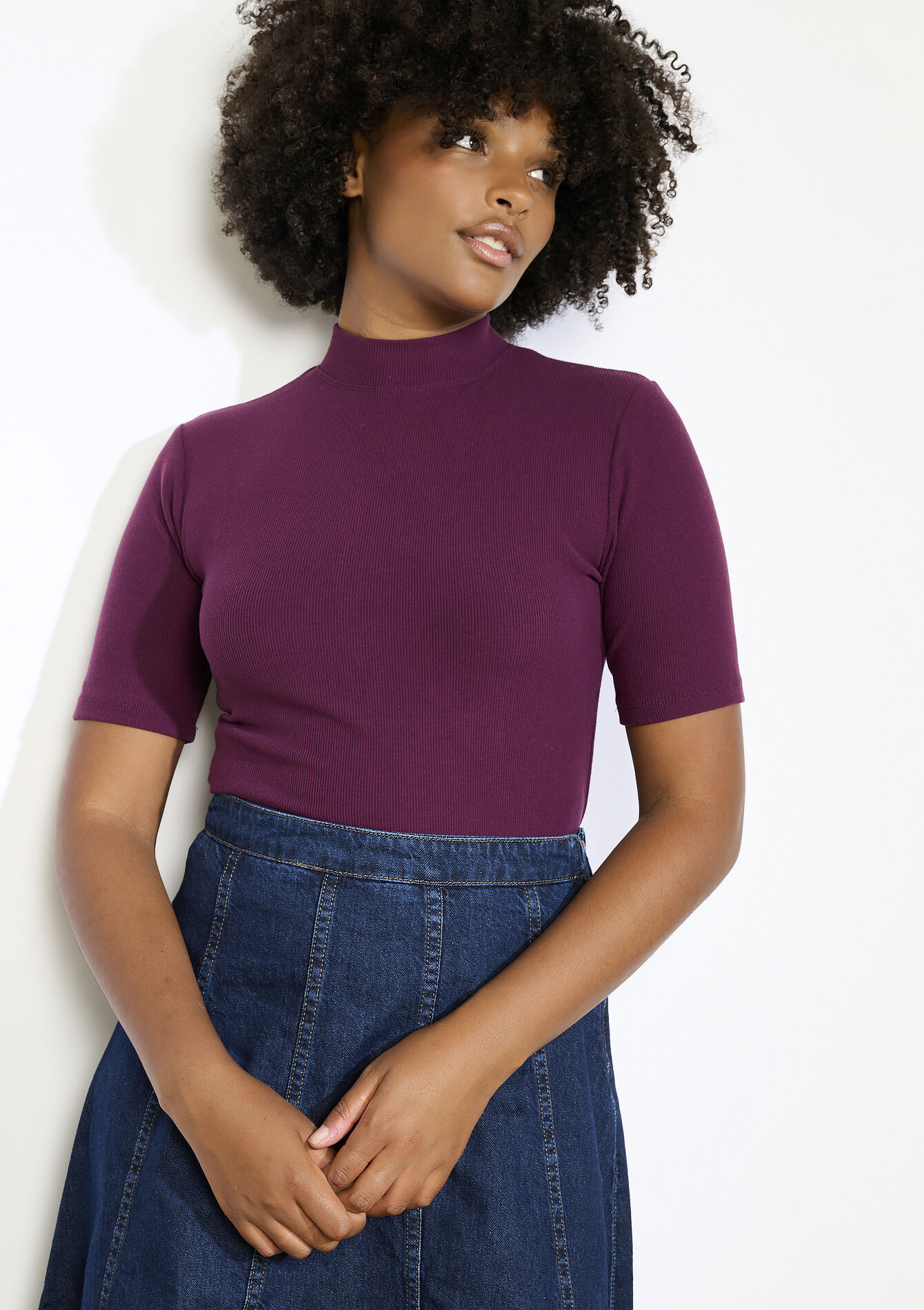 Geribbeld T-shirt met korte mouwen - AUBERGINE - 02301811_1537