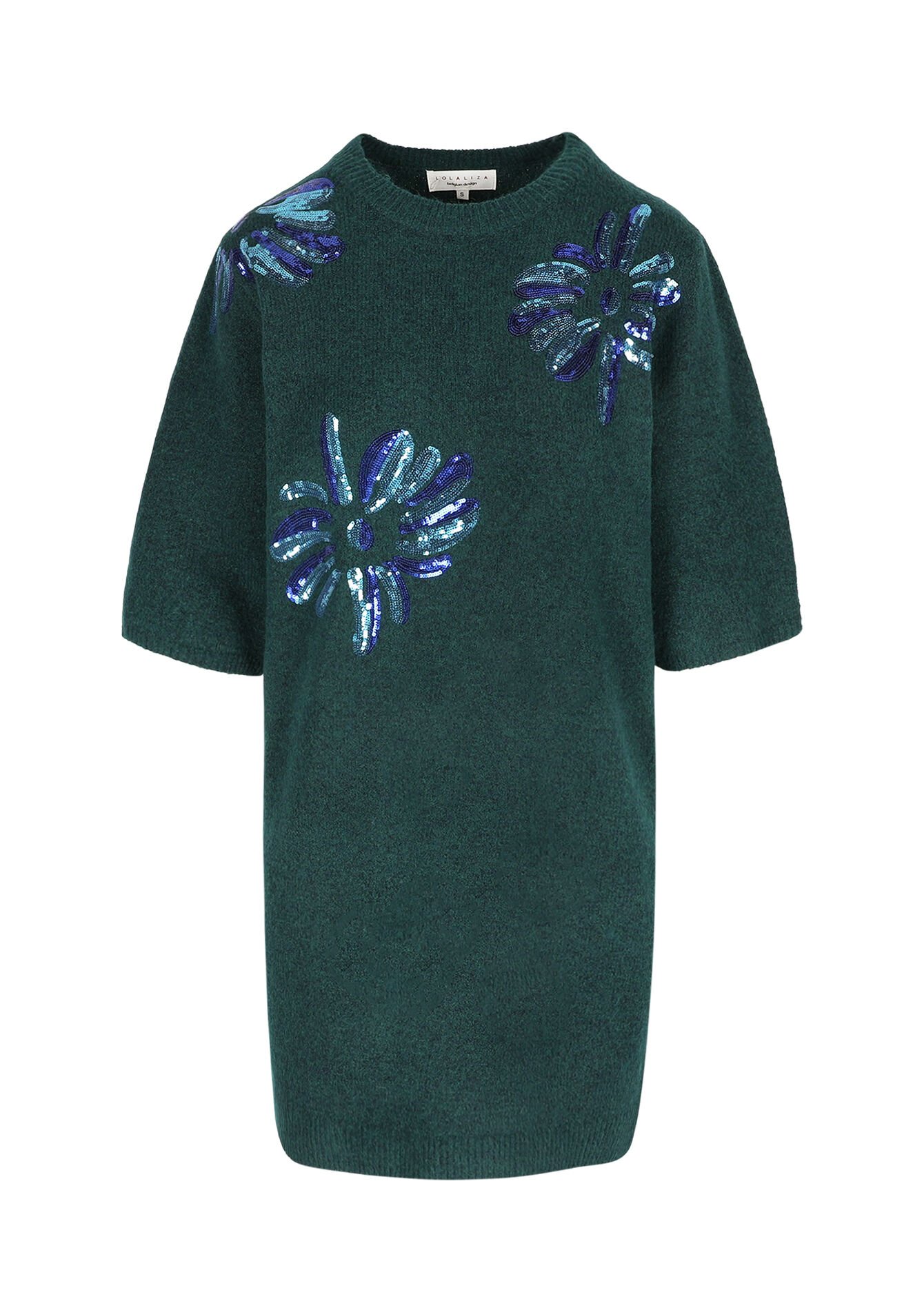 gebreide jurk met bloemenborduursel, gebreide jurk met bloemenborduursel - BOTTLE GREEN - 08104284_1778