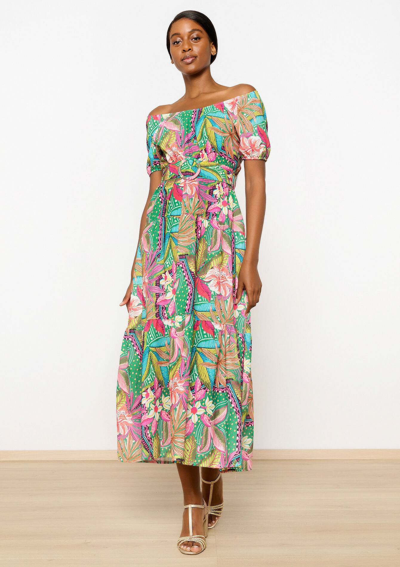 Off-shoulder jurk met tropische print, Off-shoulder jurk met tropische print - GREEN APPLE - 08103669